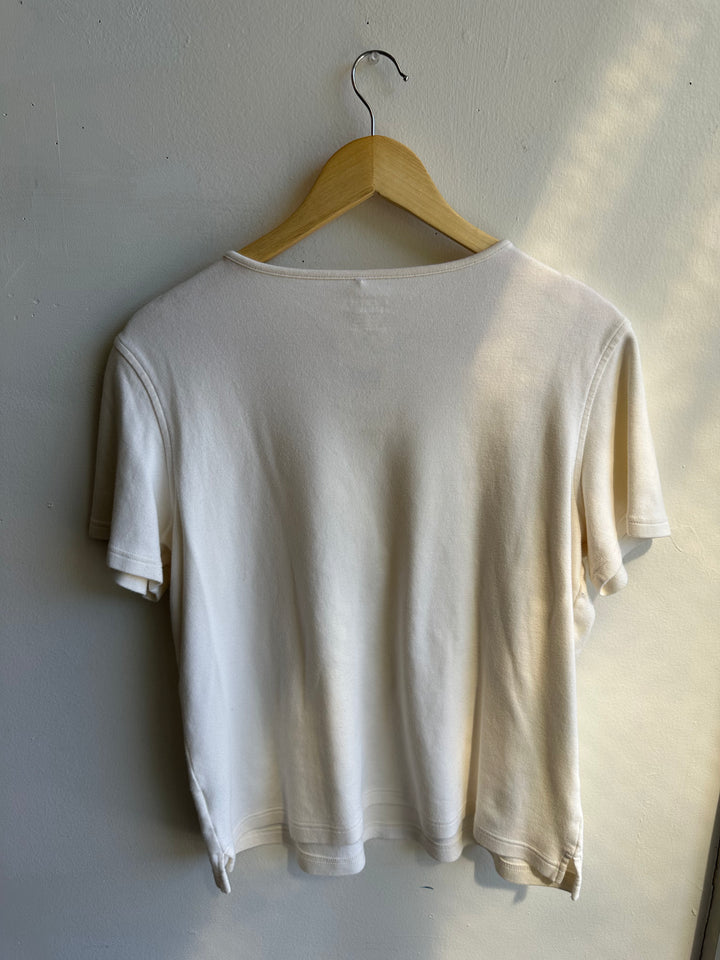 Vintage Cream Embroidered Flower T-Shirt | Size Large