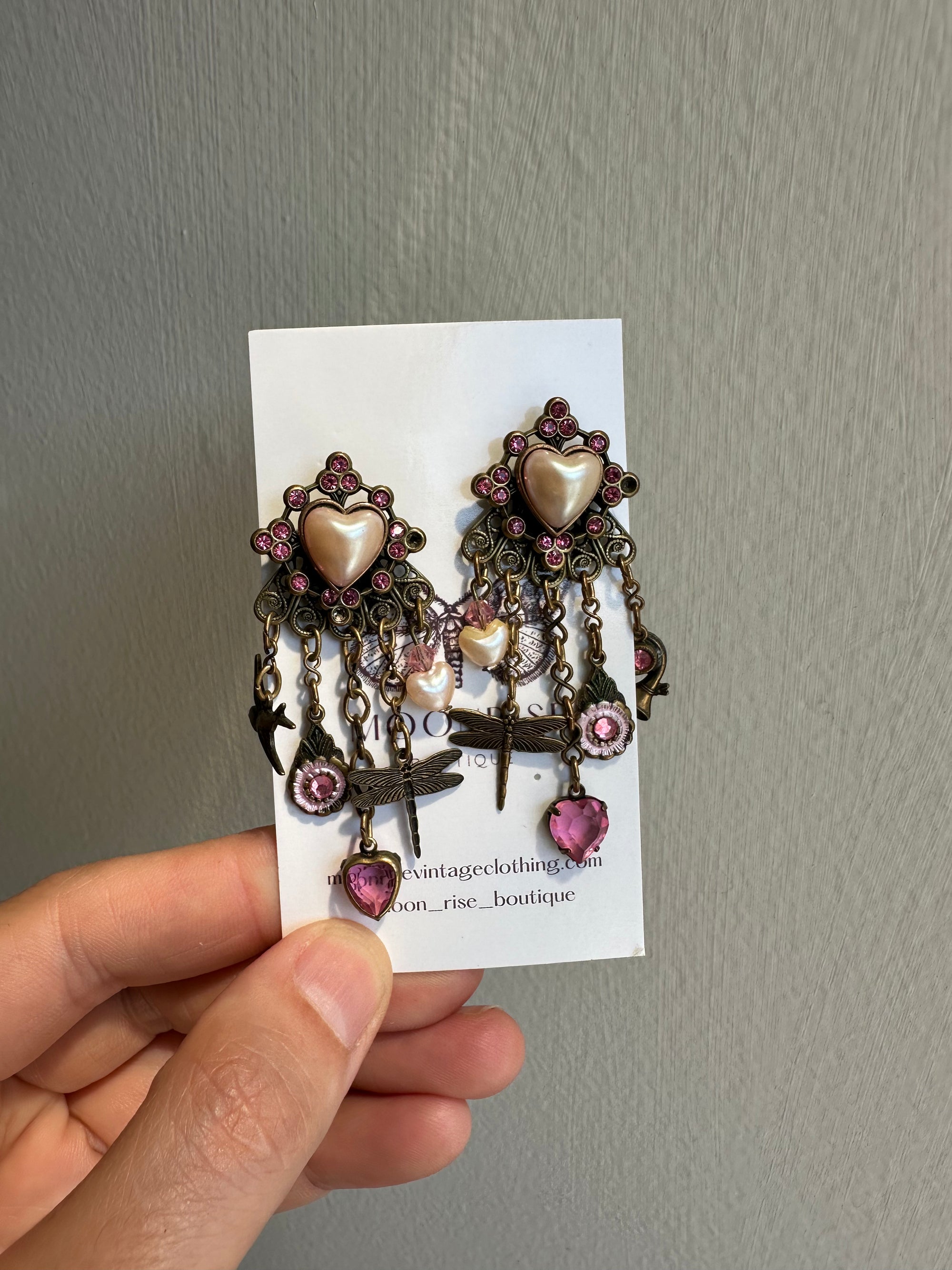 Vintage Dangle Dragonfly + Heart Charm Earrings