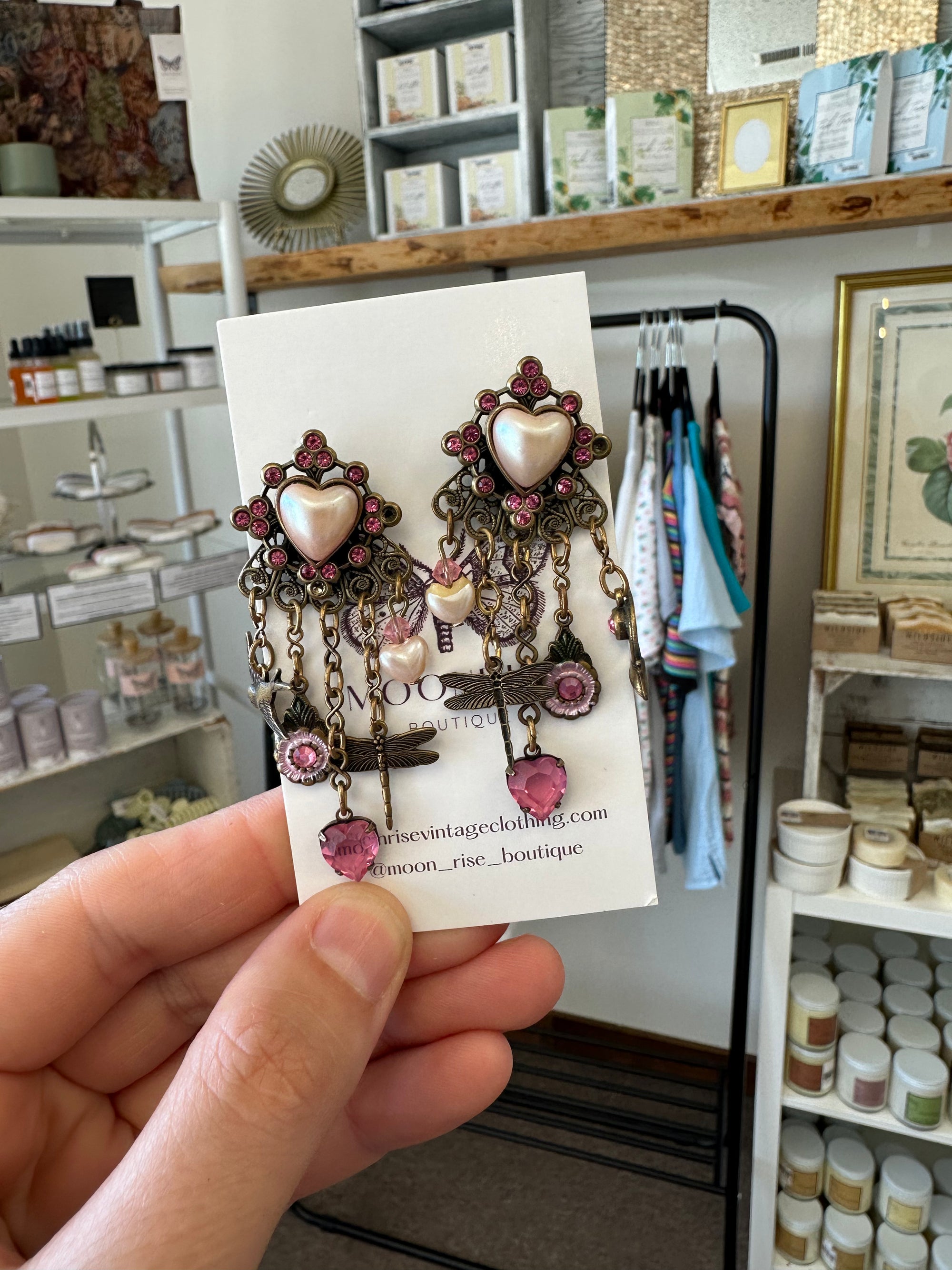 Vintage Dangle Dragonfly + Heart Charm Earrings