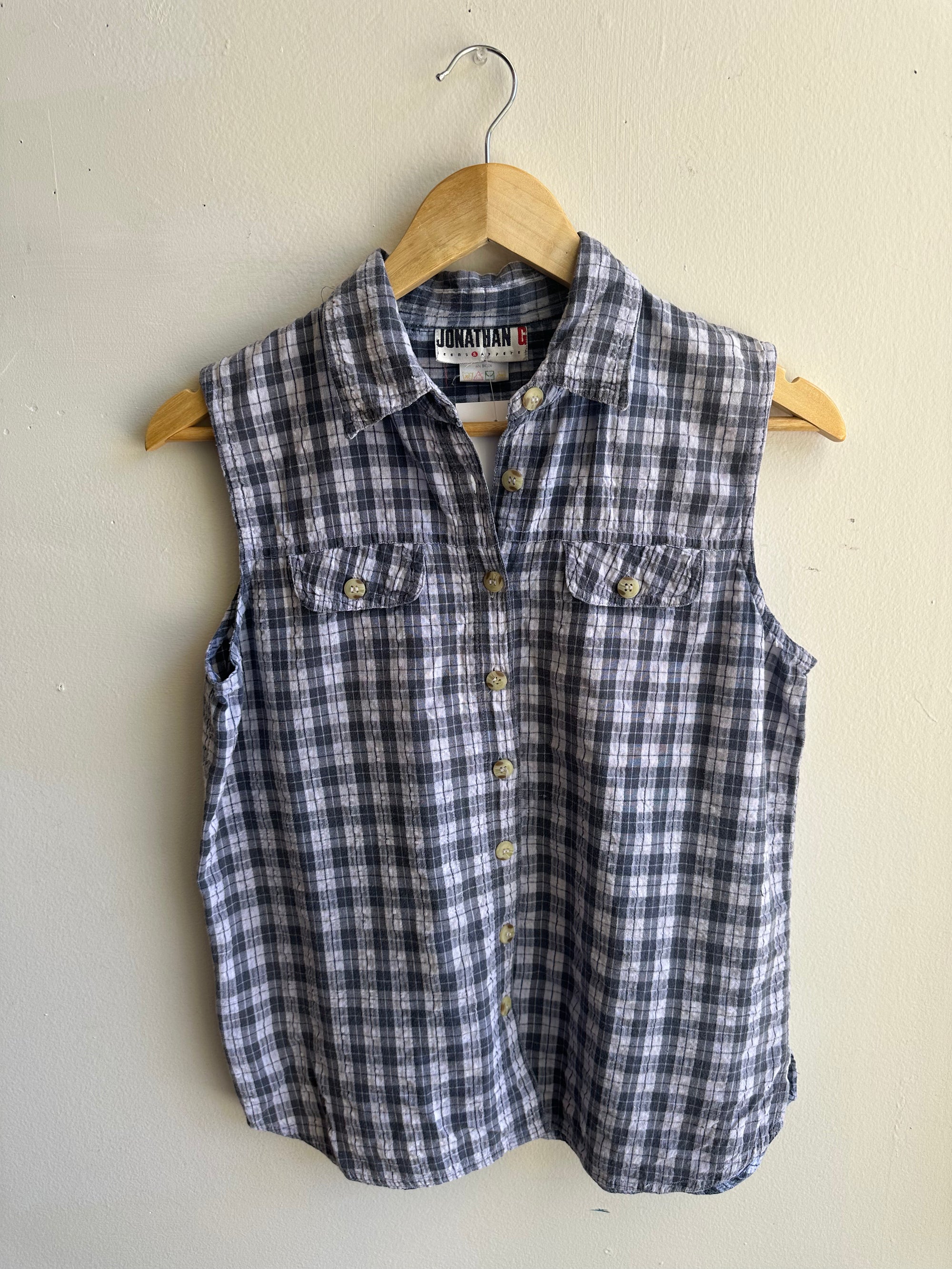 Vintage Blue Plaid Sleeveless Button Up Top | Size Medium | Cotton