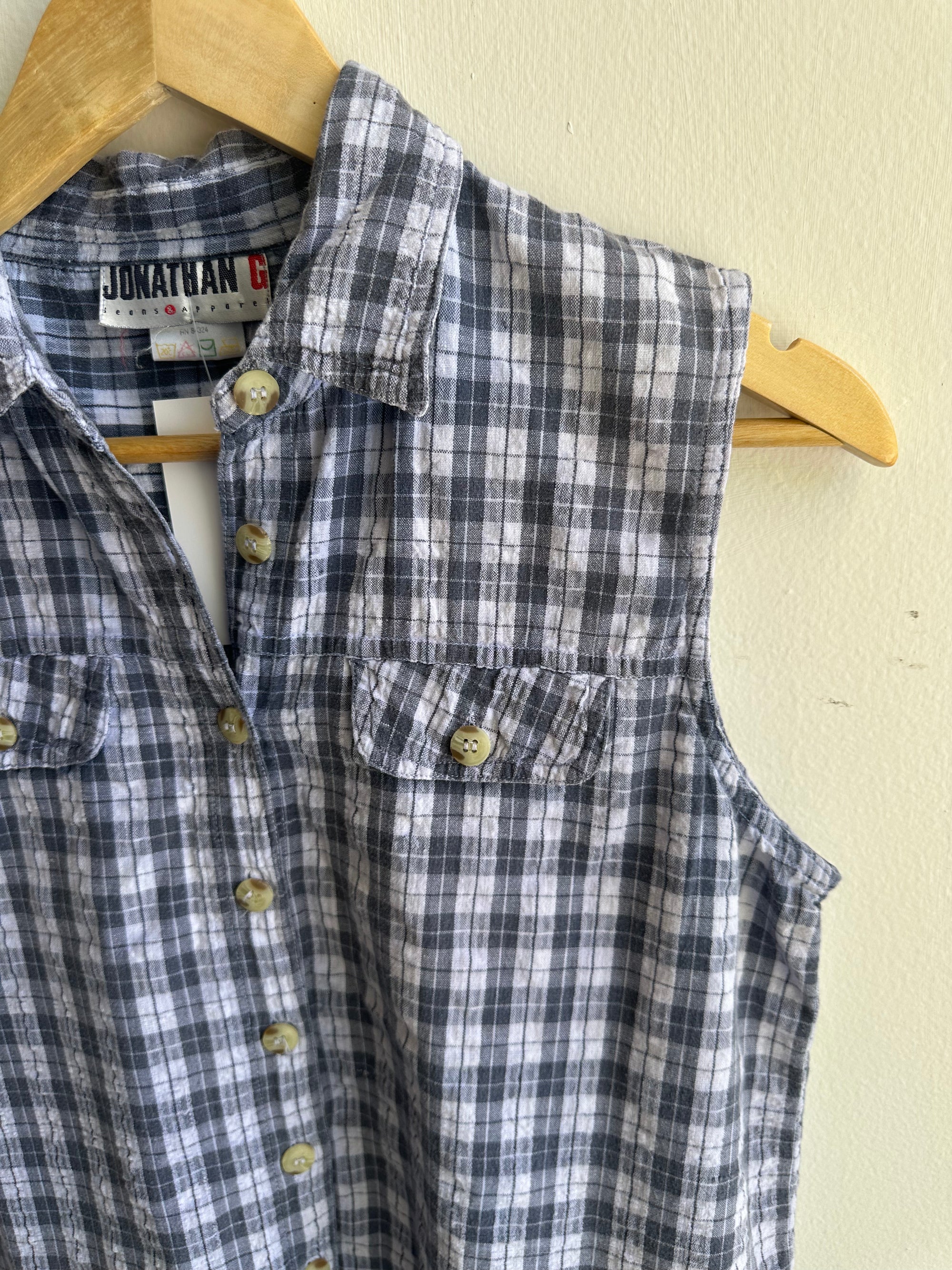Vintage Blue Plaid Sleeveless Button Up Top | Size Medium | Cotton