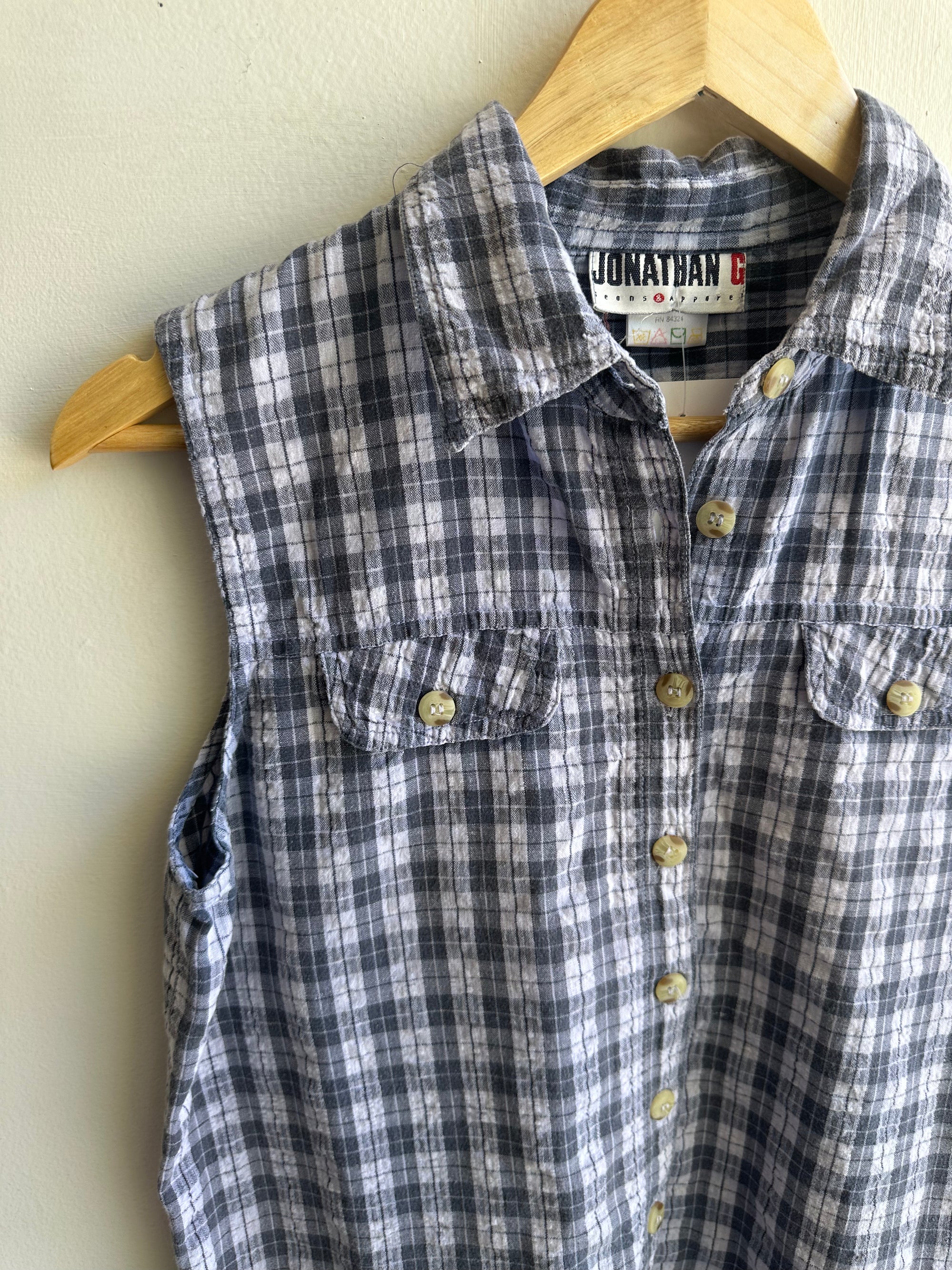 Vintage Blue Plaid Sleeveless Button Up Top | Size Medium | Cotton