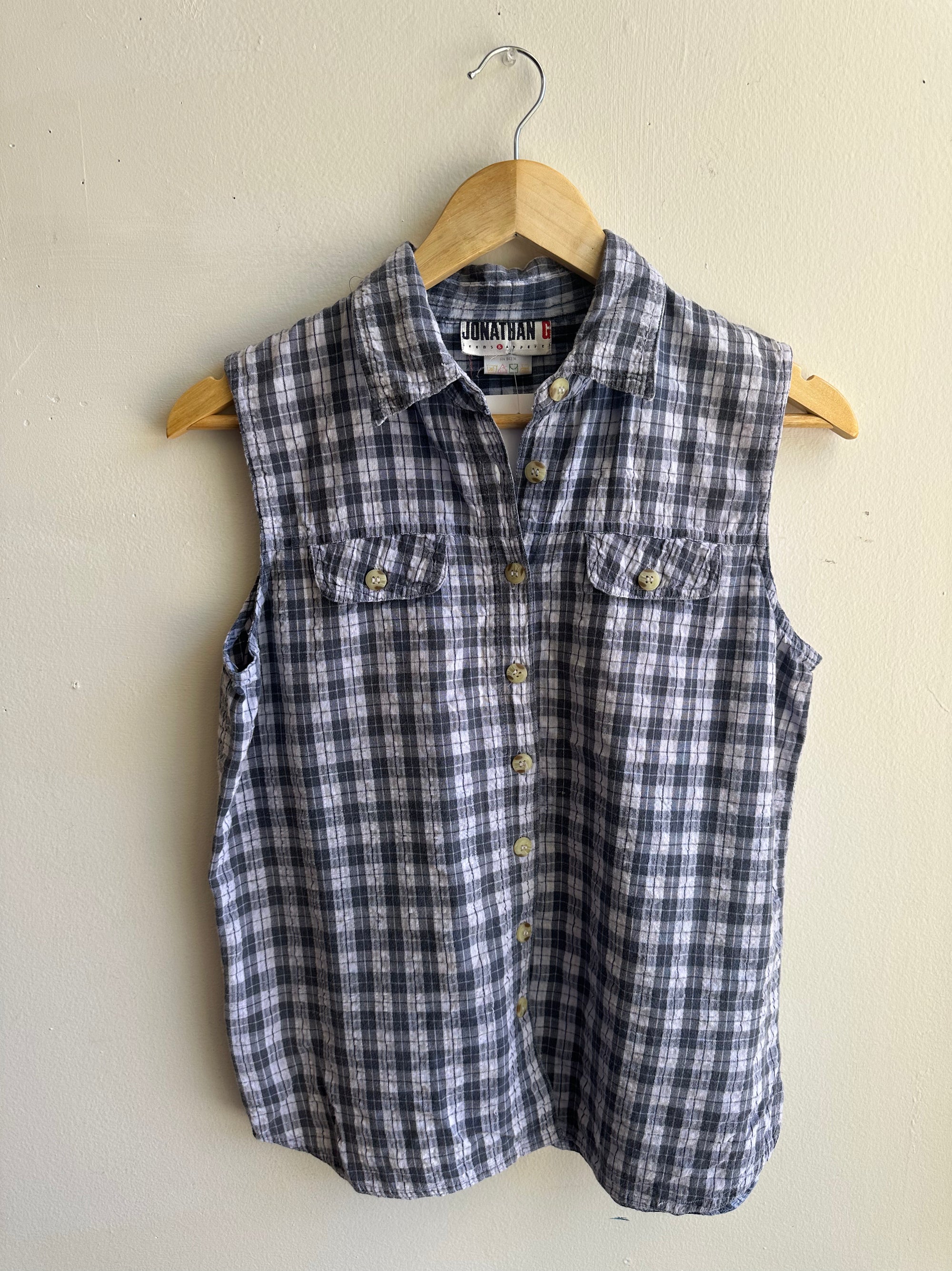 Vintage Blue Plaid Sleeveless Button Up Top | Size Medium | Cotton