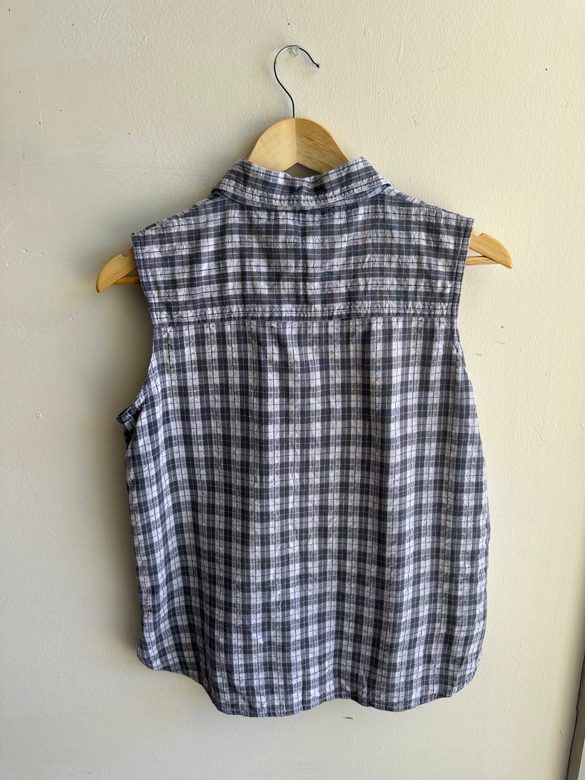 Vintage Blue Plaid Sleeveless Button Up Top | Size Medium | Cotton