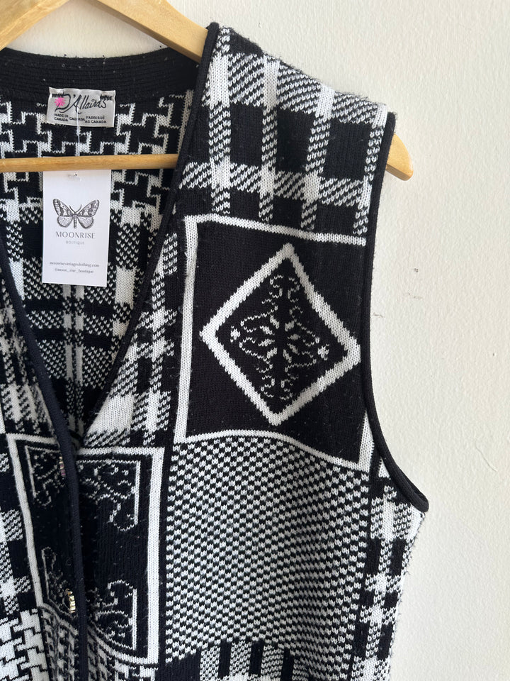 Vintage Black + White Patchwork Patterned Knit Vest | Size Large | Made in Canada