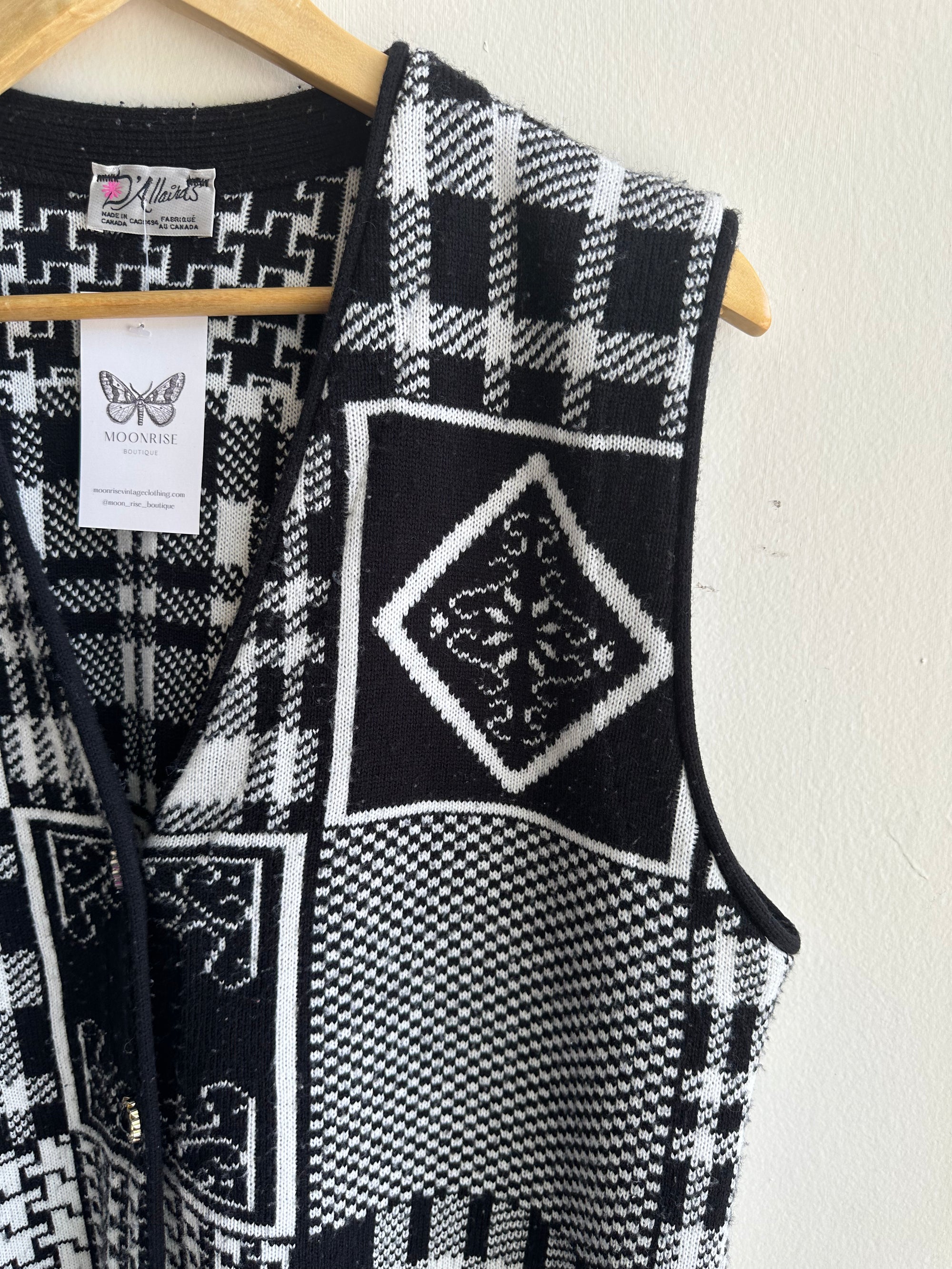 Vintage Black + White Patchwork Patterned Knit Vest | Size Large | Made in Canada