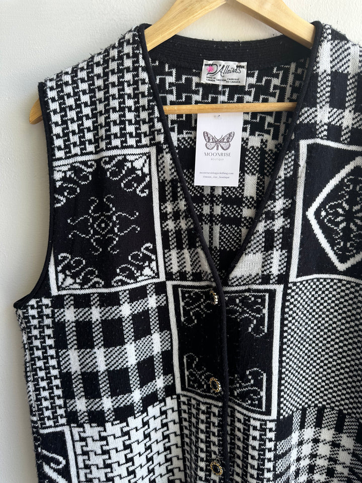 Vintage Black + White Patchwork Patterned Knit Vest | Size Large | Made in Canada