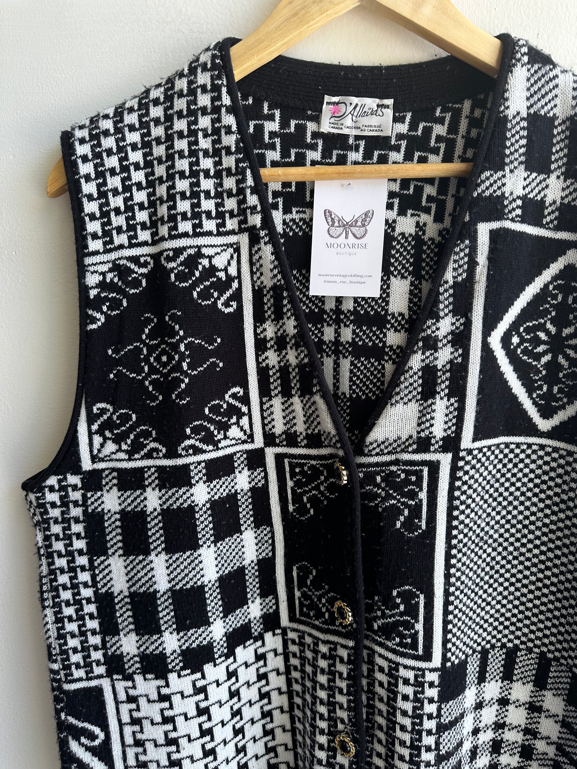 Vintage Black + White Patchwork Patterned Knit Vest | Size Large | Made in Canada