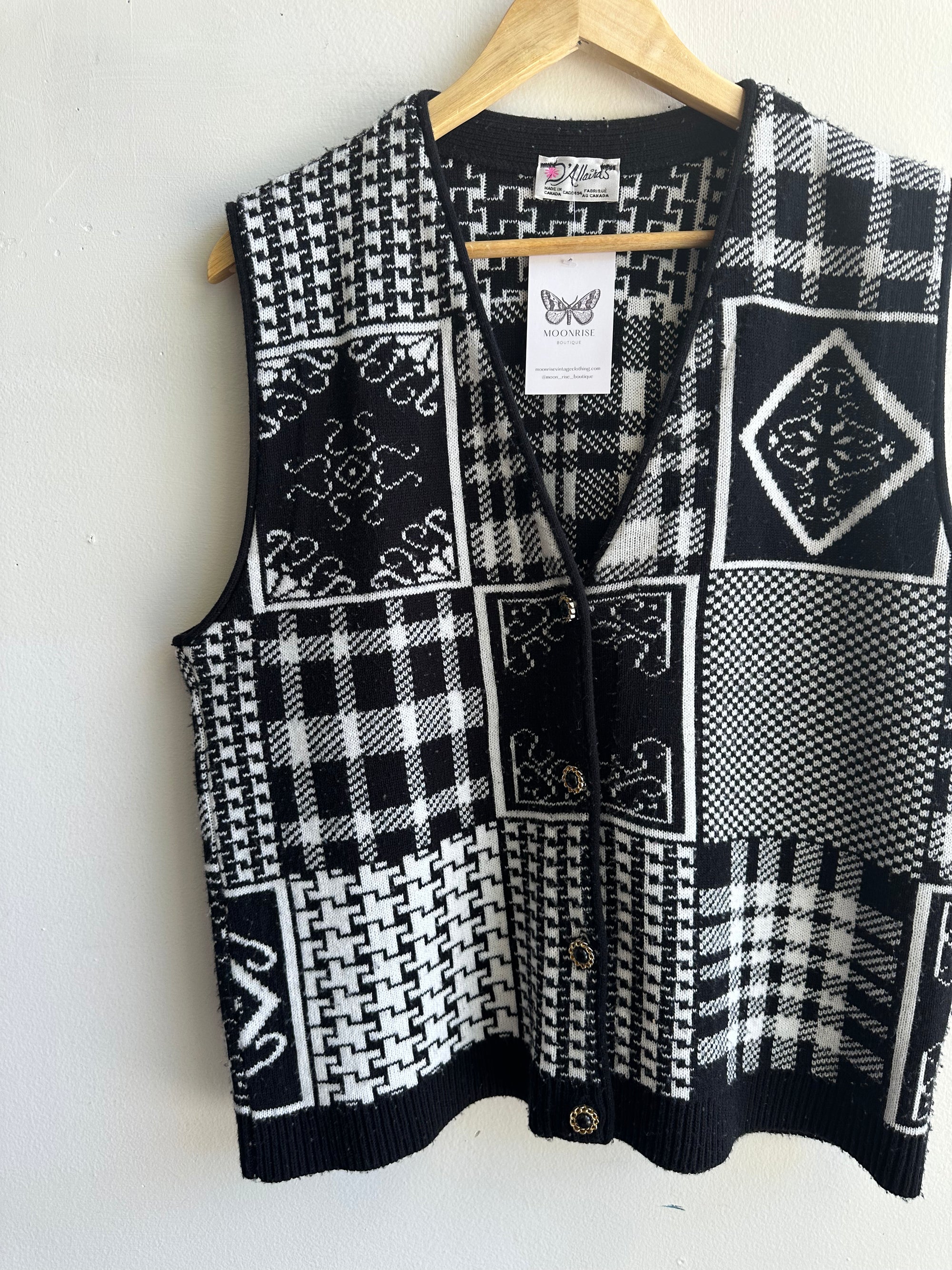 Vintage Black + White Patchwork Patterned Knit Vest | Size Large | Made in Canada