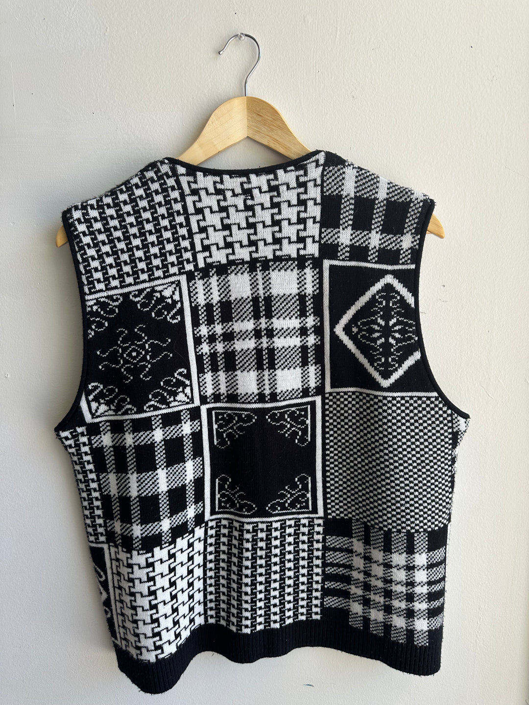 Vintage Black + White Patchwork Patterned Knit Vest | Size Large | Made in Canada