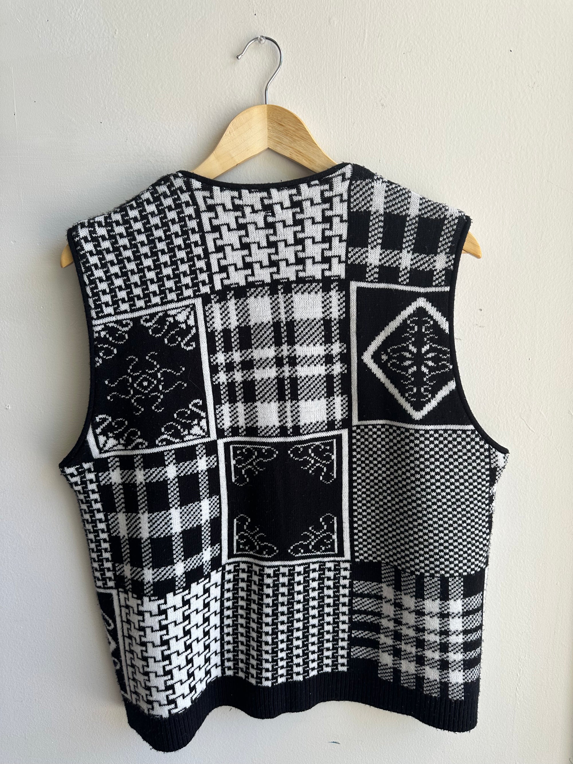 Vintage Black + White Patchwork Patterned Knit Vest | Size Large | Made in Canada