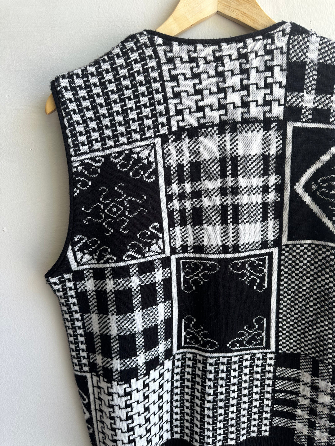 Vintage Black + White Patchwork Patterned Knit Vest | Size Large | Made in Canada