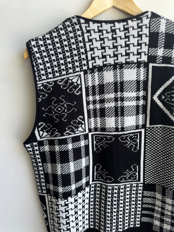 Vintage Black + White Patchwork Patterned Knit Vest | Size Large | Made in Canada