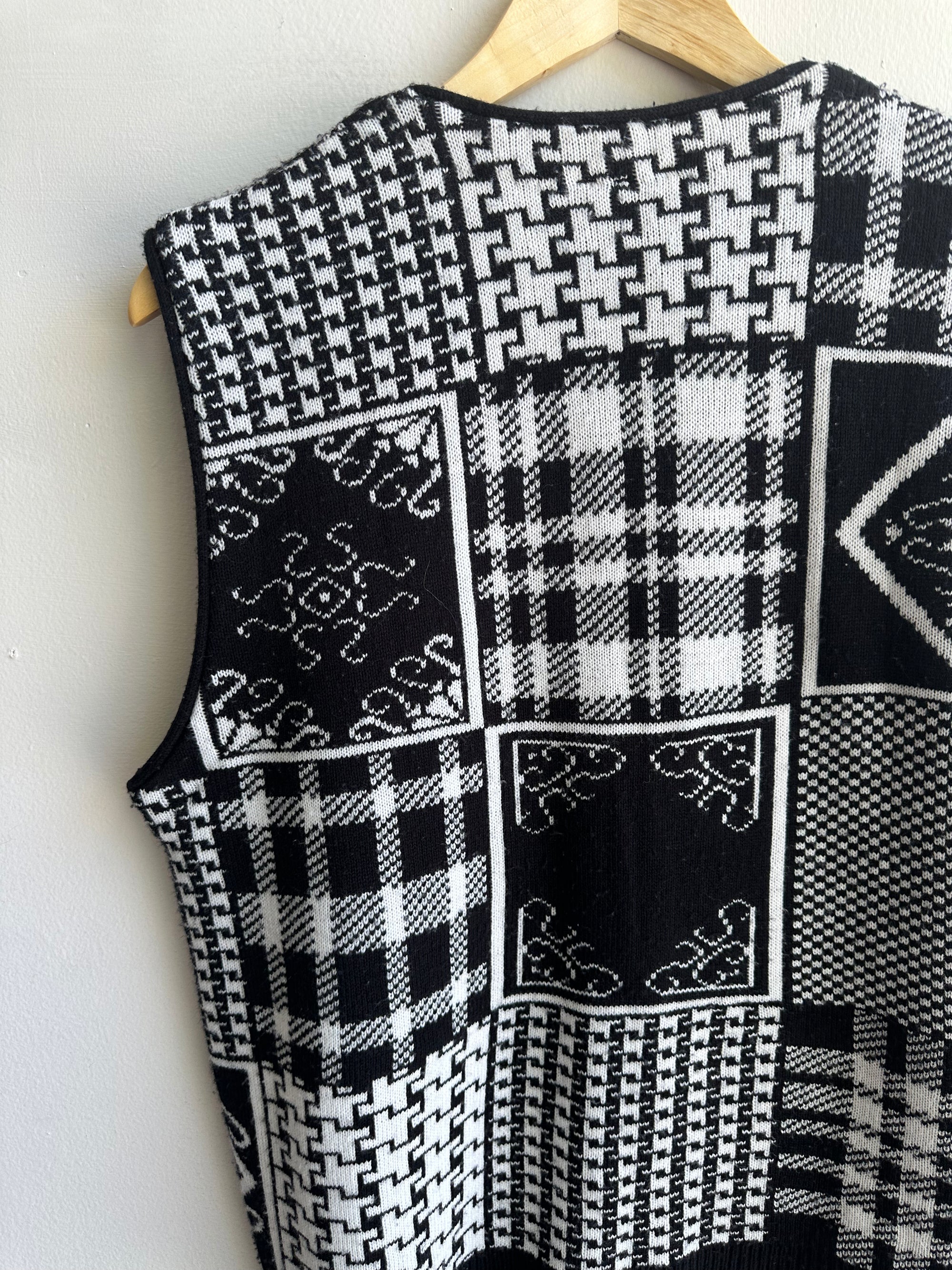 Vintage Black + White Patchwork Patterned Knit Vest | Size Large | Made in Canada