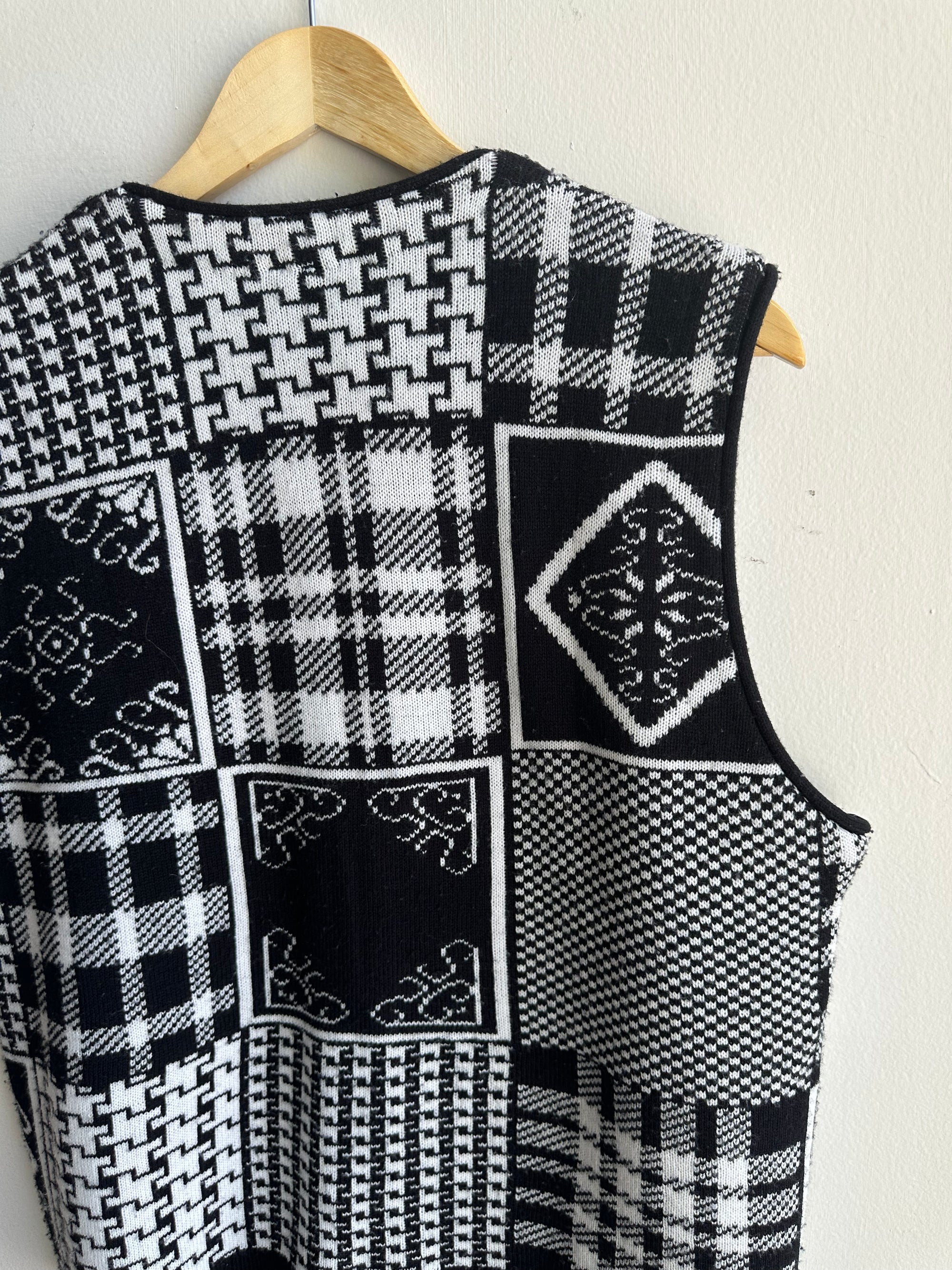 Vintage Black + White Patchwork Patterned Knit Vest | Size Large | Made in Canada