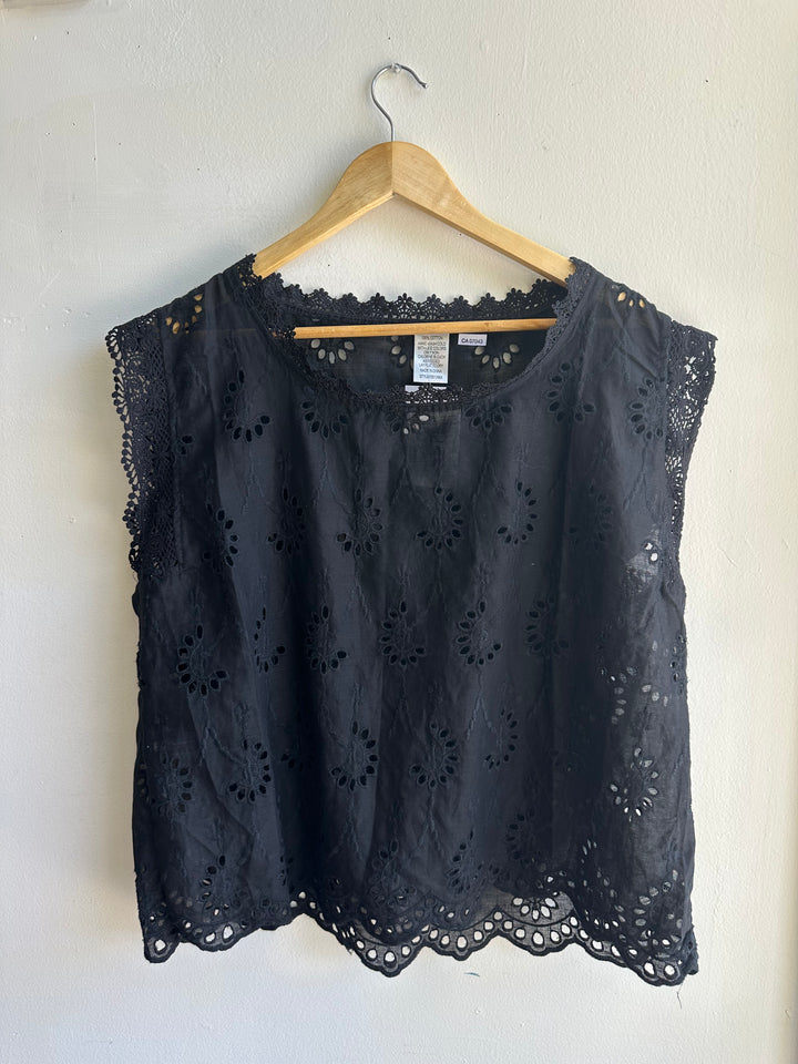 Black Eyelette + Lace Boxy Cotton Tank Top | Size XL