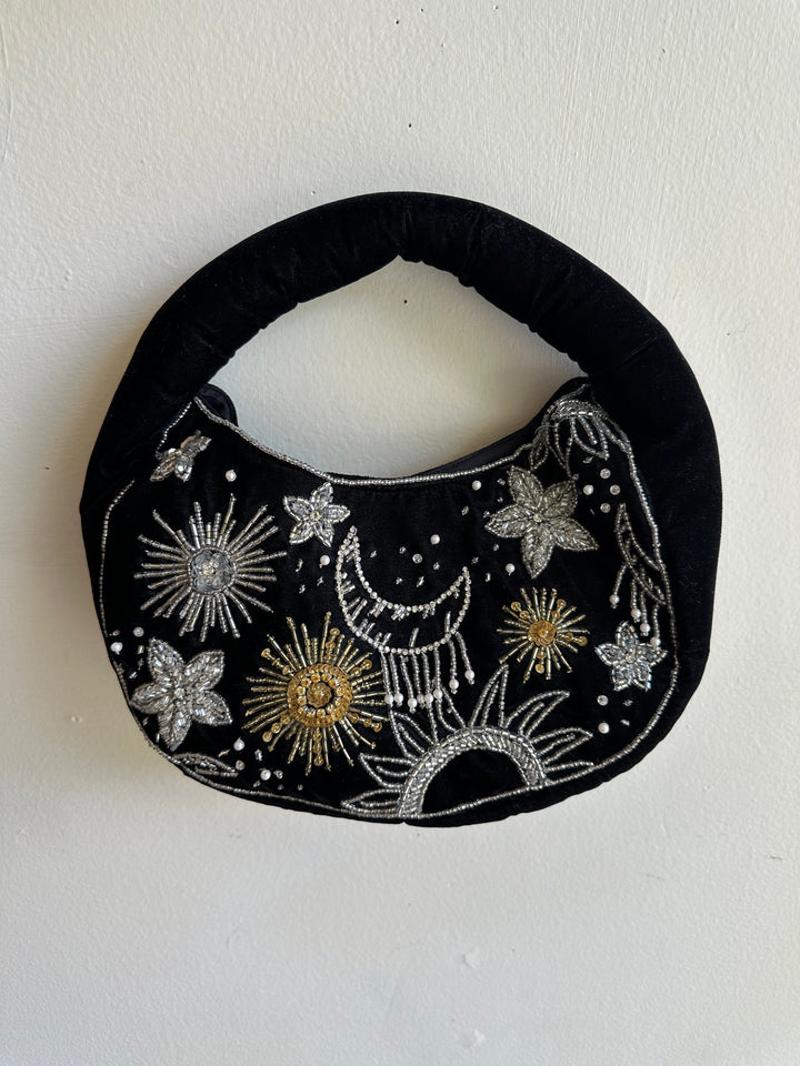 Velvety Black Beaded Sun + Moon Purse
