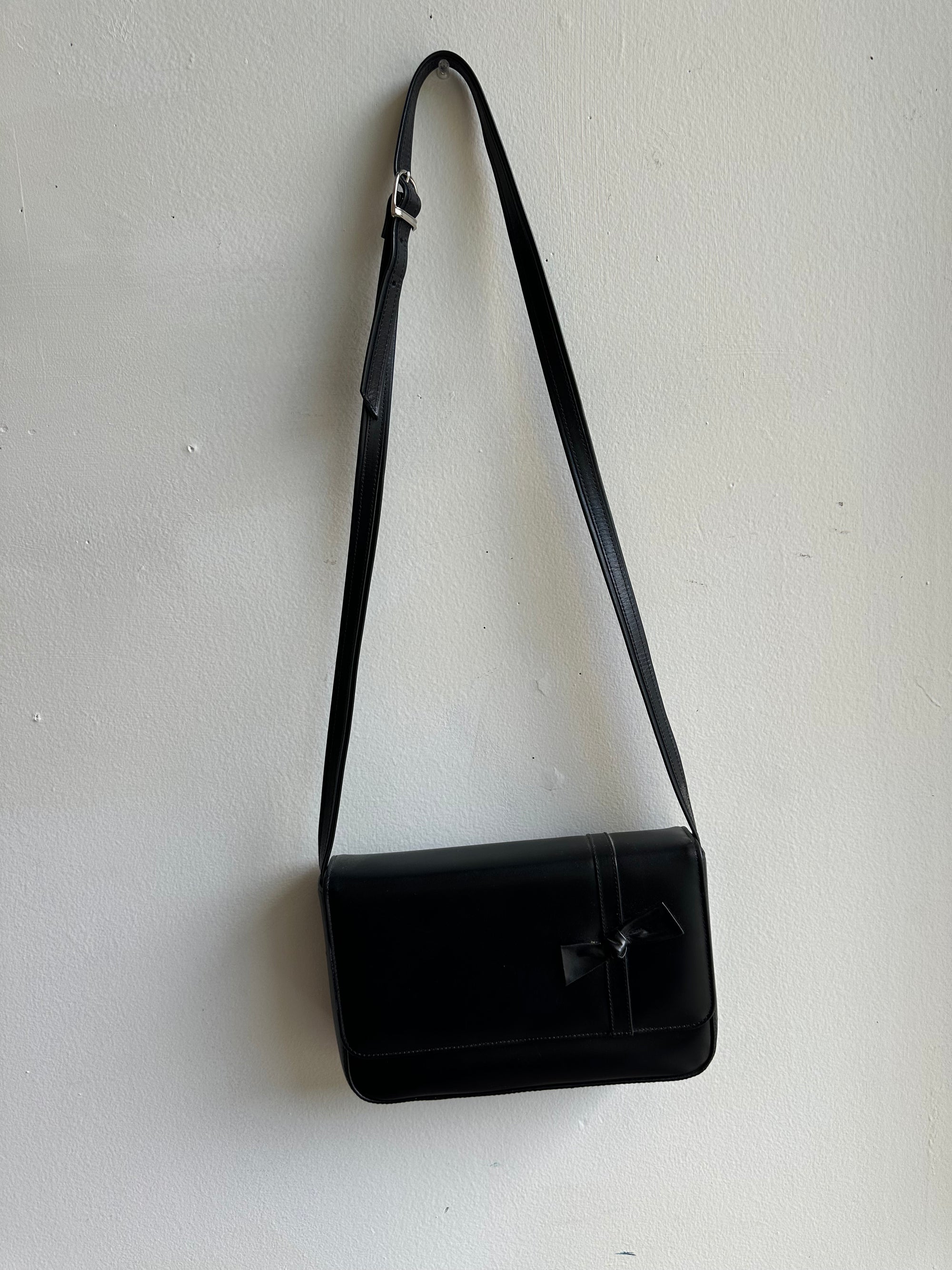 Vintage Black Leather Structured Cross Body Bag With Bow Detail | Made in Canada