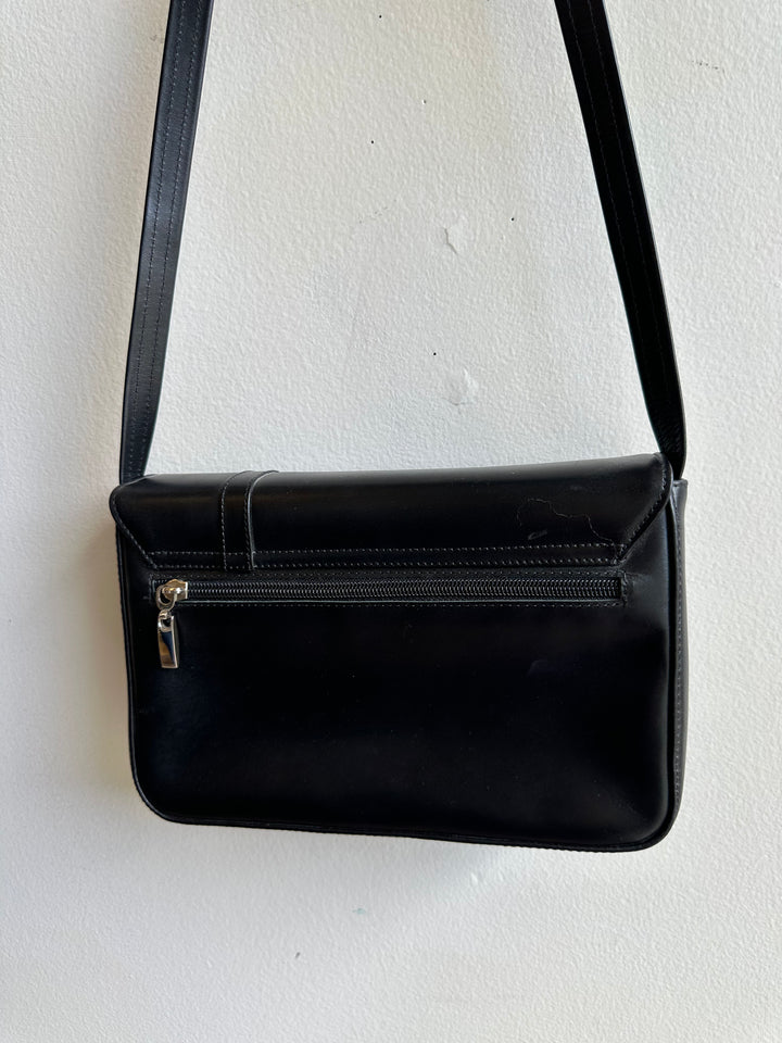 Vintage Black Leather Structured Cross Body Bag With Bow Detail | Made in Canada