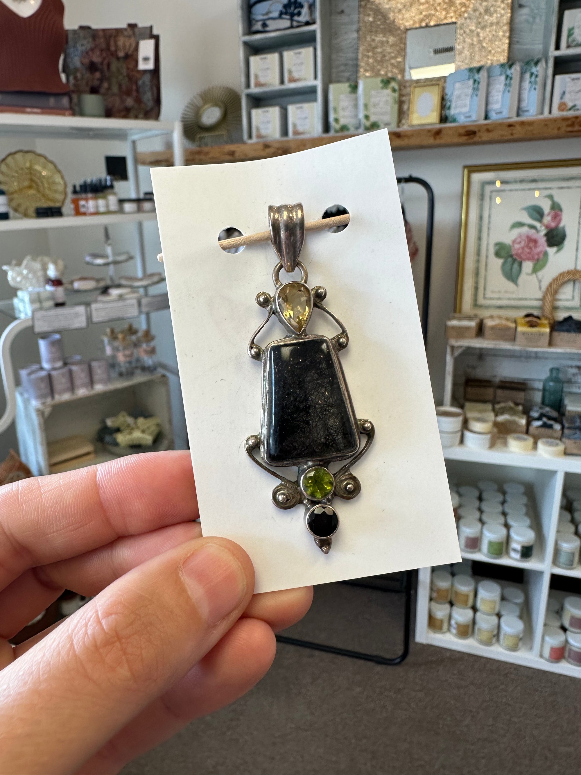 Vintage Ritilated Quartz, Onyx, Citrine + Chrydoberyl Silver Handcrafted Pendant