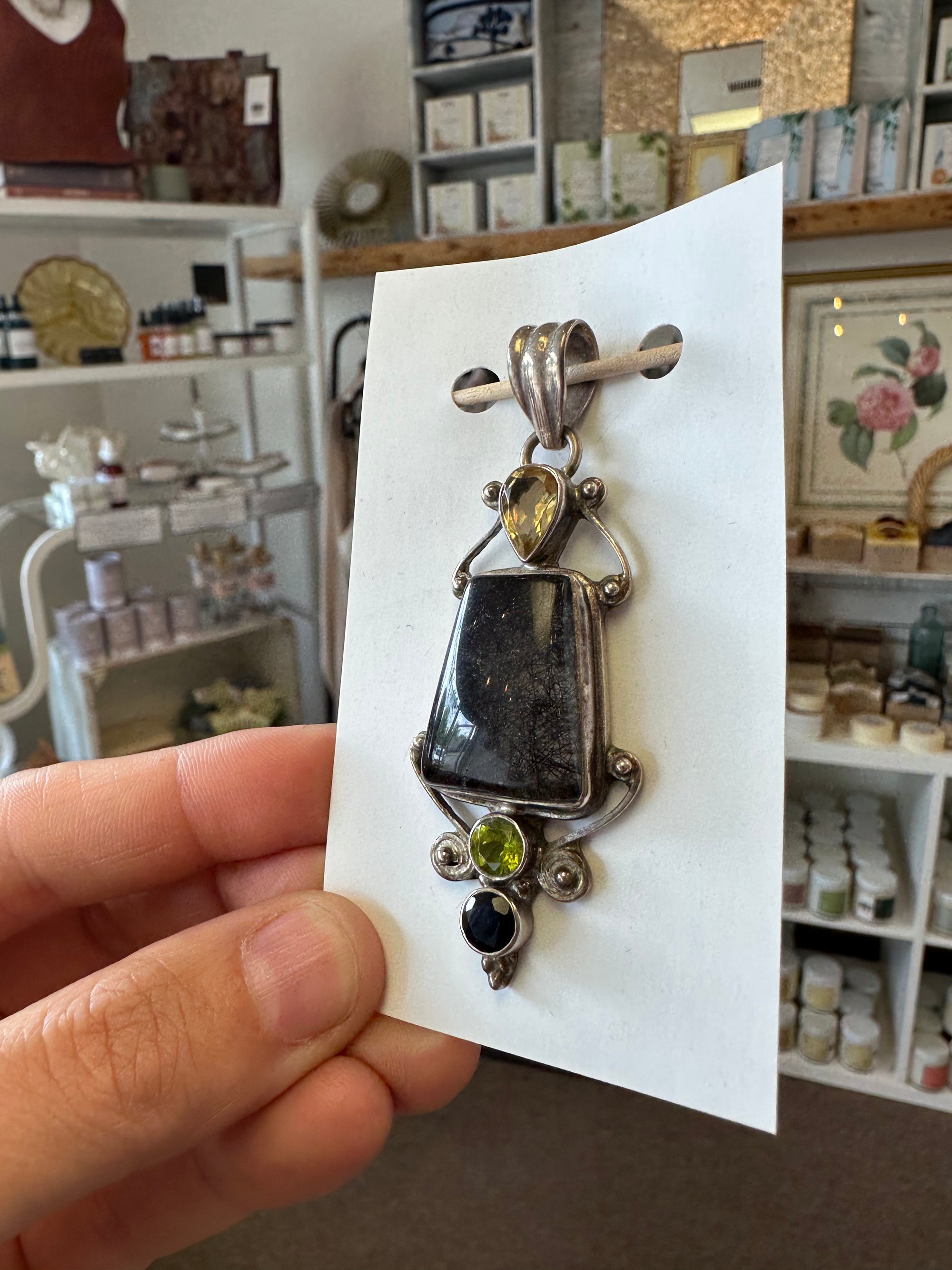 Vintage Ritilated Quartz, Onyx, Citrine + Chrydoberyl Silver Handcrafted Pendant