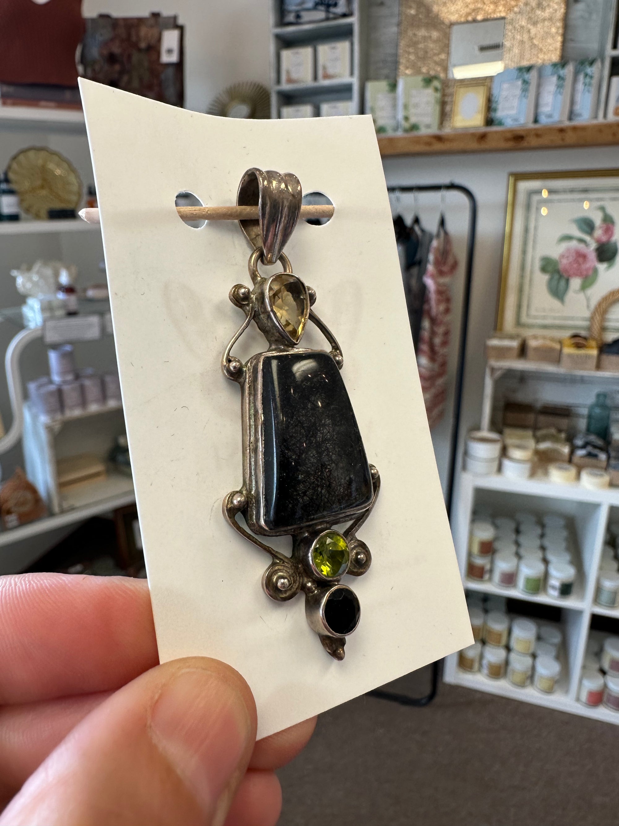 Vintage Ritilated Quartz, Onyx, Citrine + Chrydoberyl Silver Handcrafted Pendant