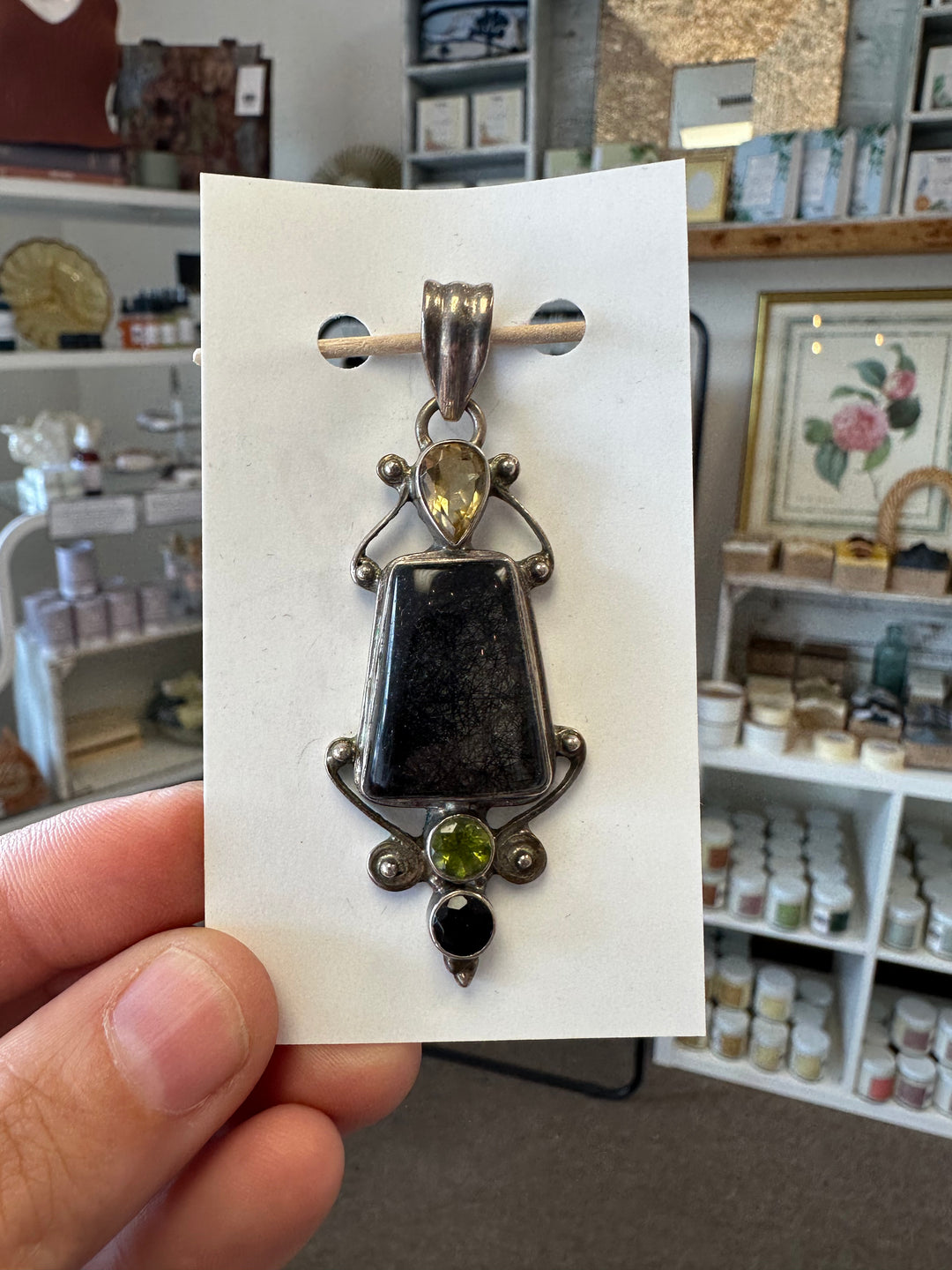 Vintage Ritilated Quartz, Onyx, Citrine + Chrydoberyl Silver Handcrafted Pendant