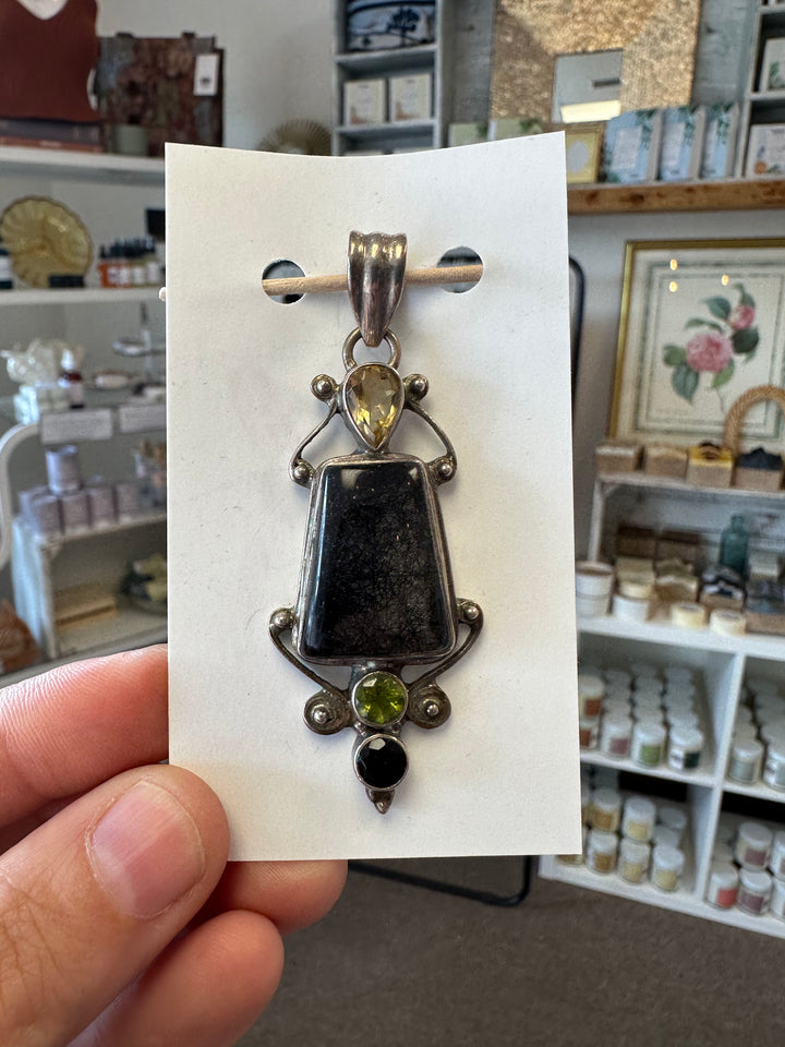 Vintage Ritilated Quartz, Onyx, Citrine + Chrydoberyl Silver Handcrafted Pendant