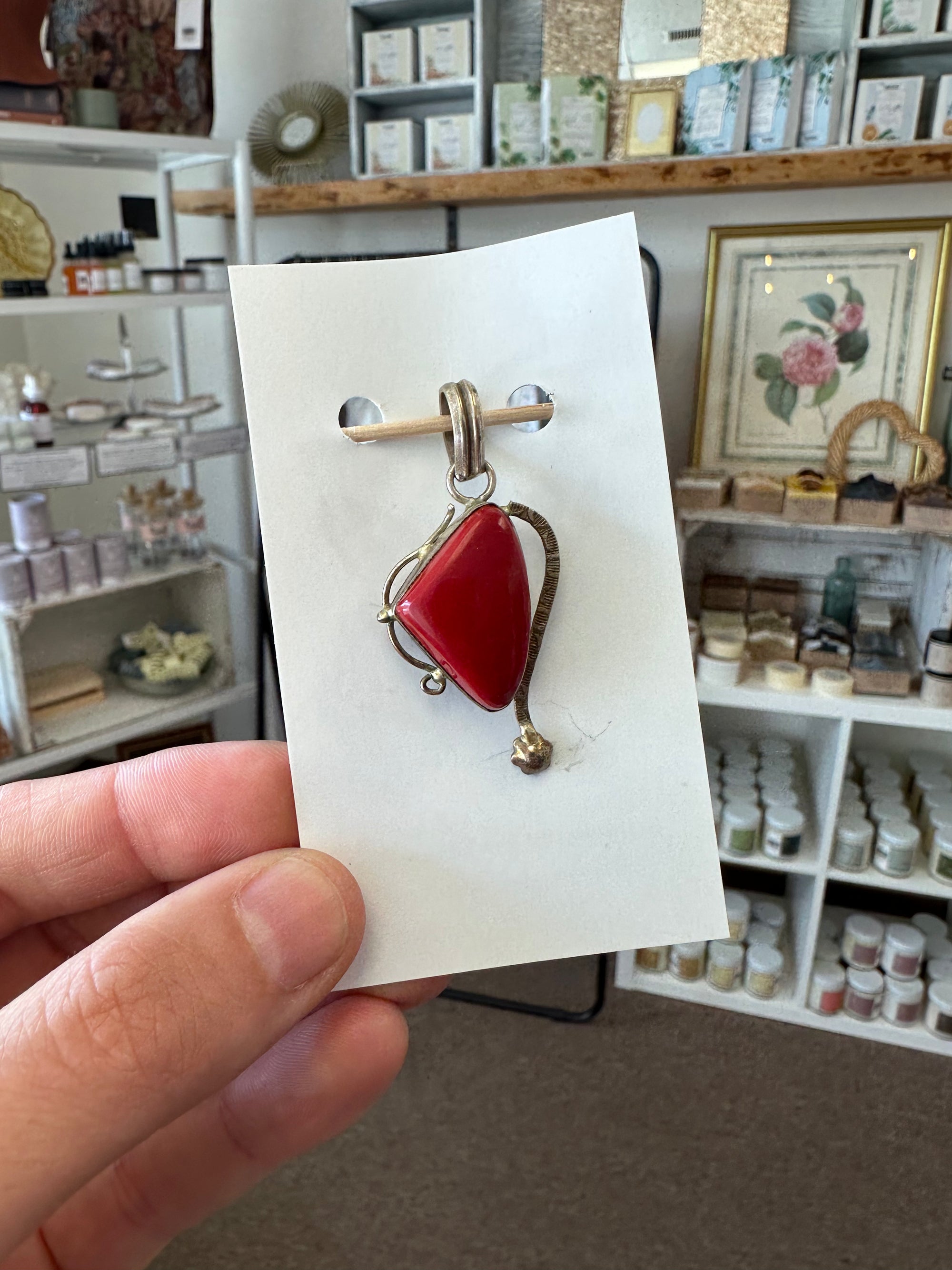 Vintage Art Deco Red Coral Silver Necklace Pendant