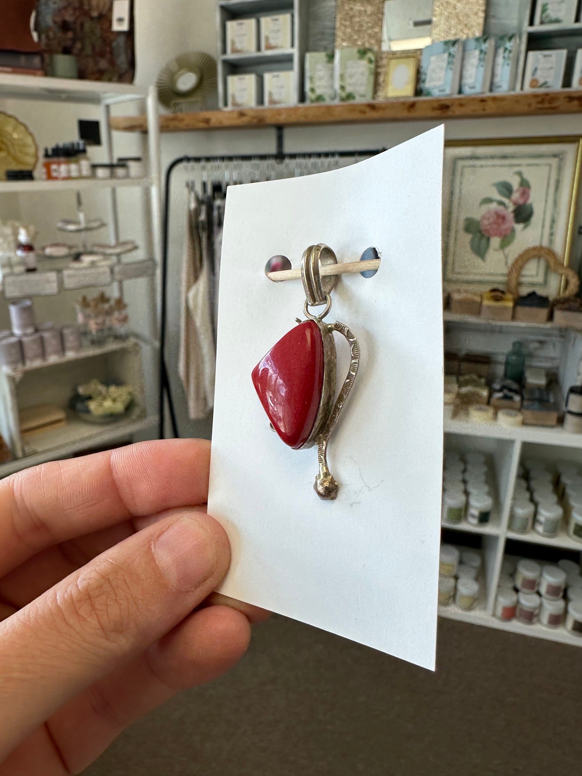 Vintage Art Deco Red Coral Silver Necklace Pendant