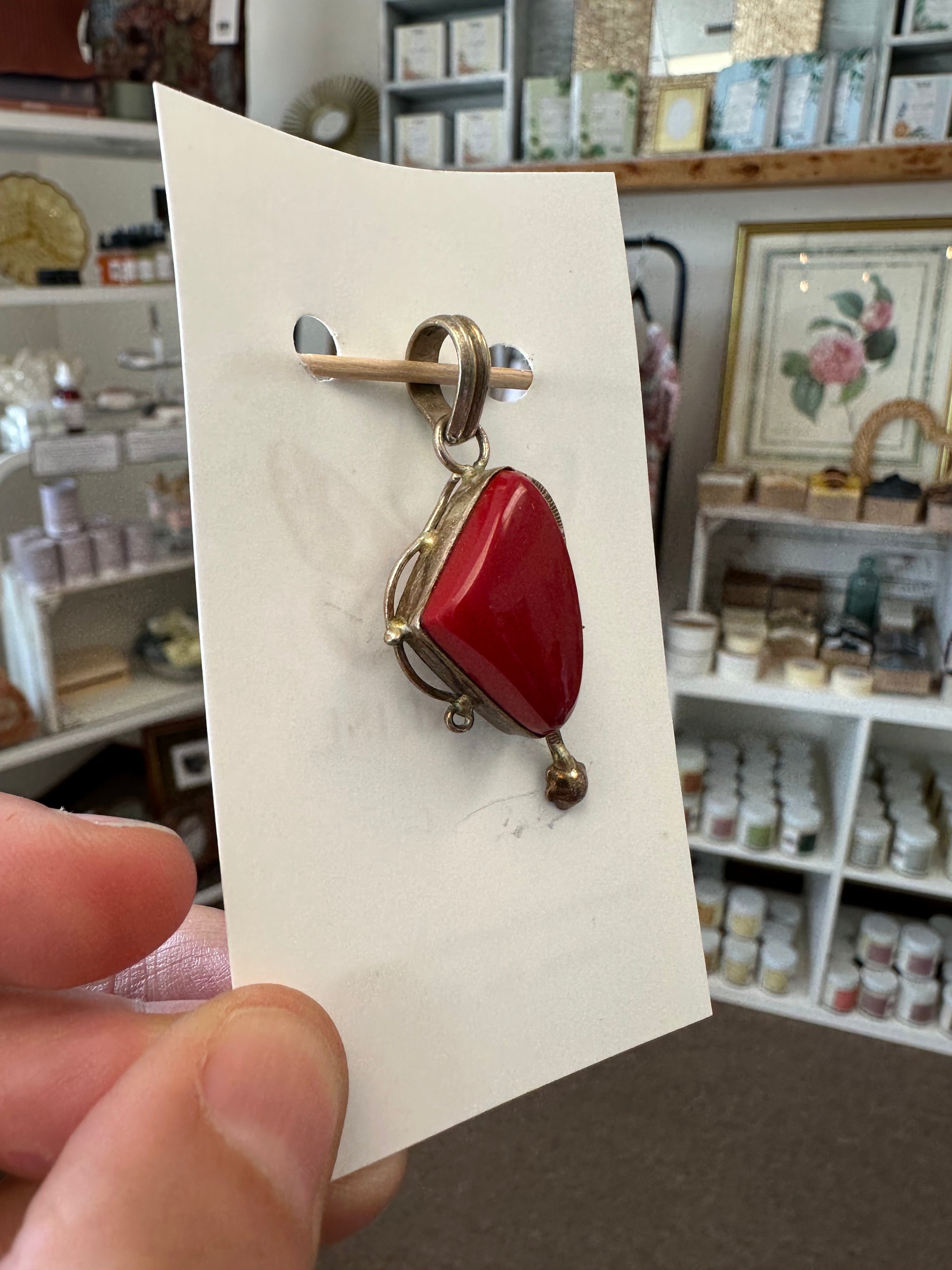 Vintage Art Deco Red Coral Silver Necklace Pendant