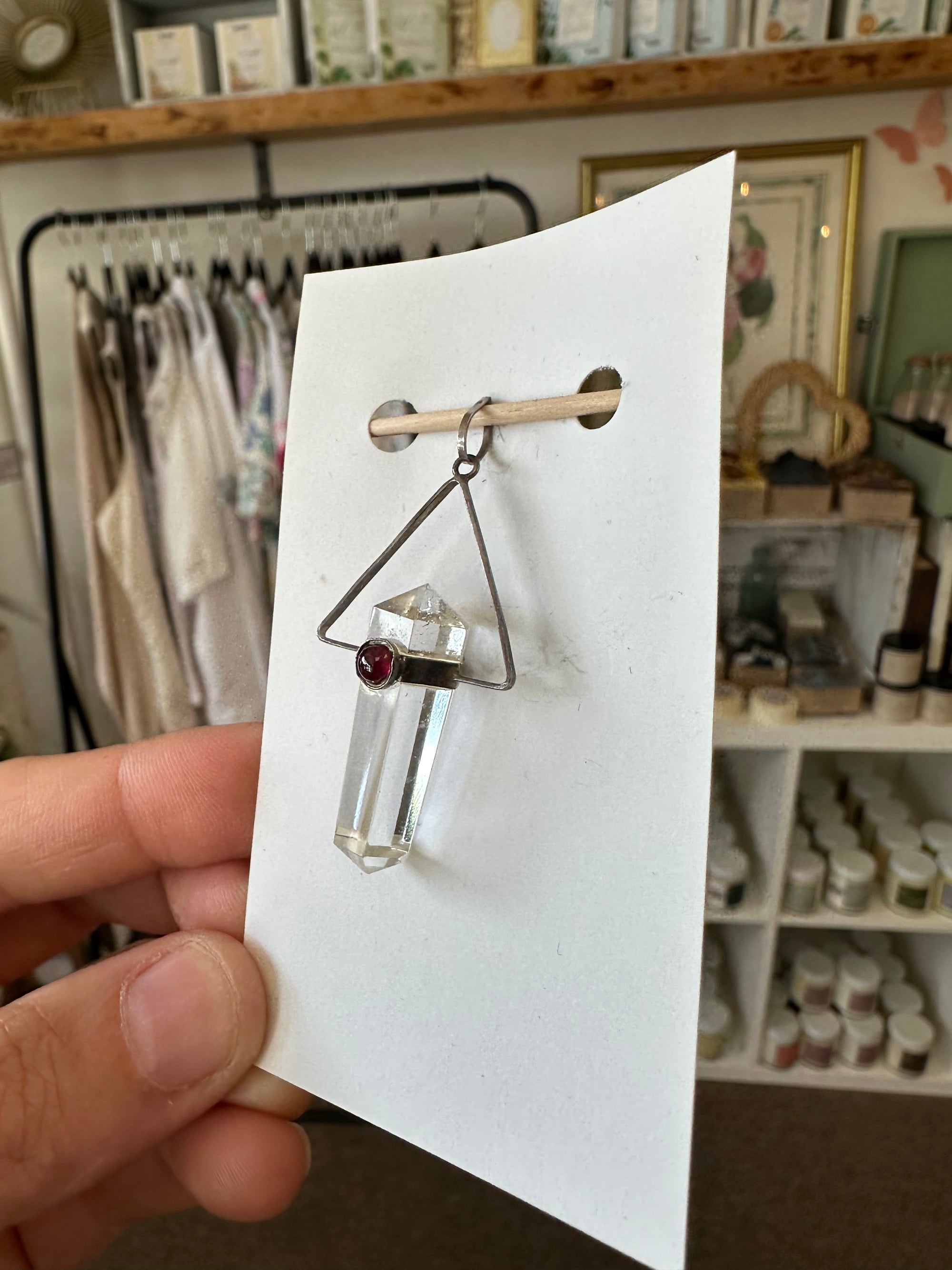 Vintage Clear Quartz With Garnet Silver Pendant