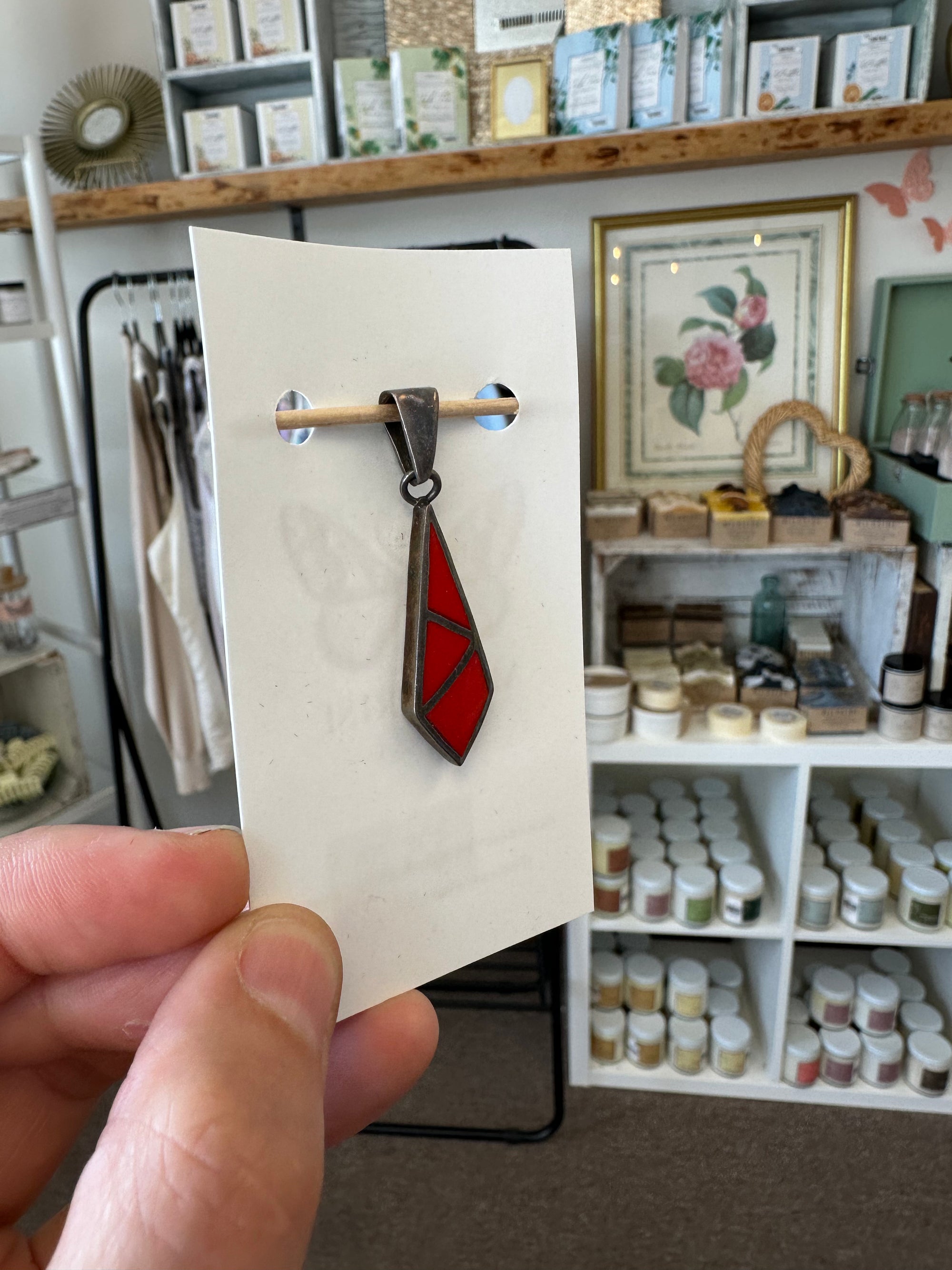 Vintage Geometric Red Coral Silver Necklace Pendant