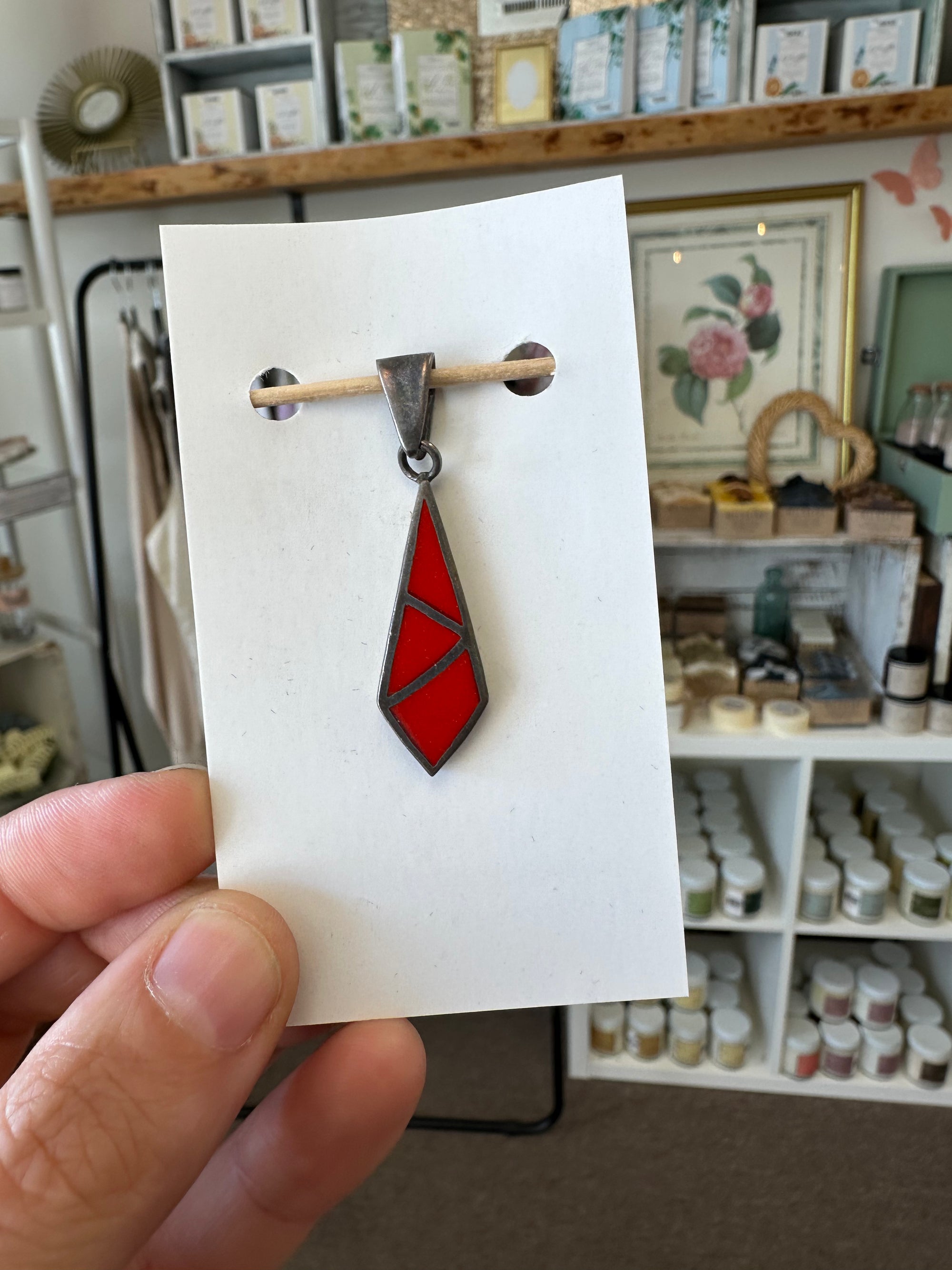 Vintage Geometric Red Coral Silver Necklace Pendant
