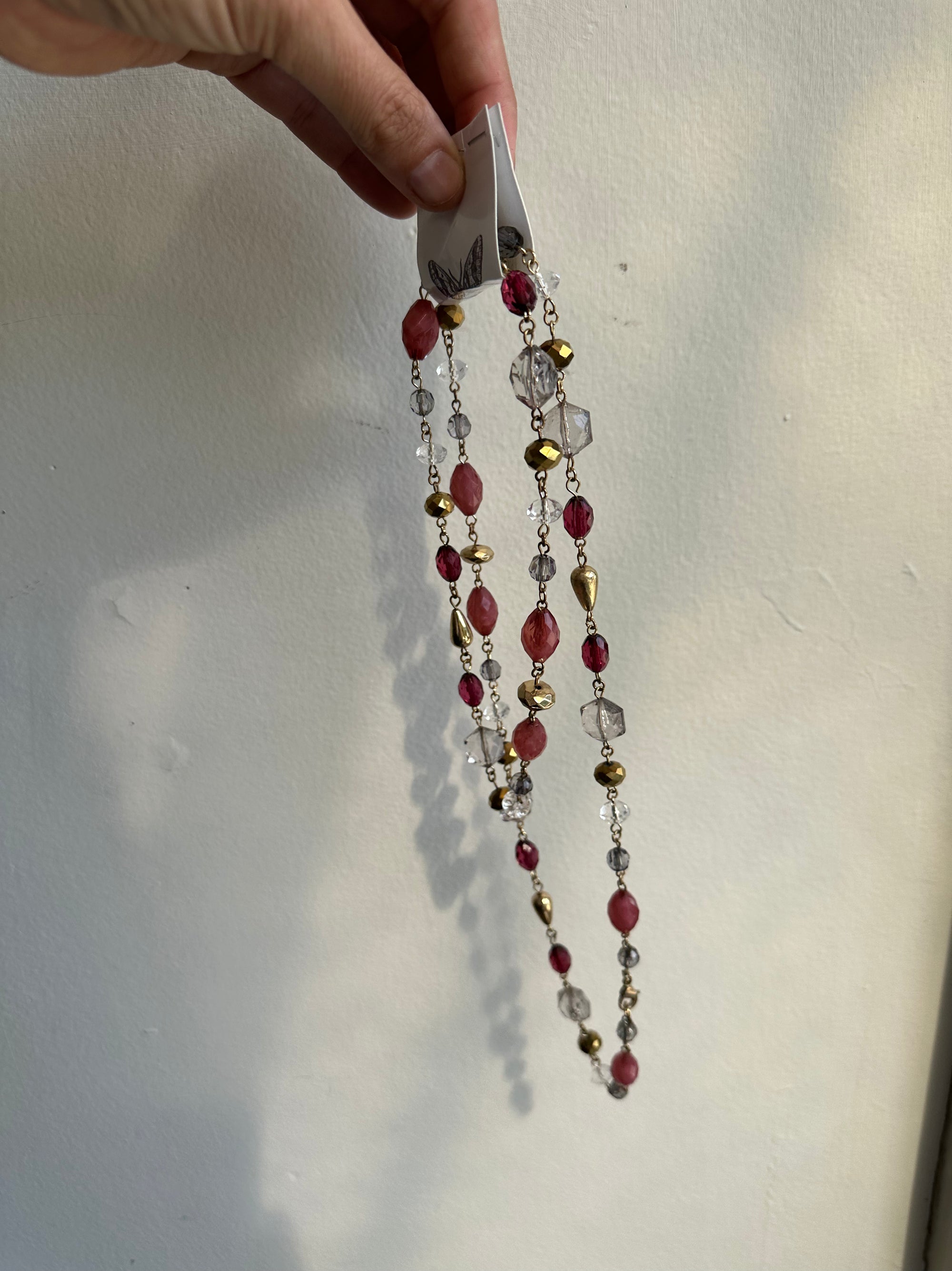 Vintage Beaded Pink + Gold Chain Link Layering Necklace