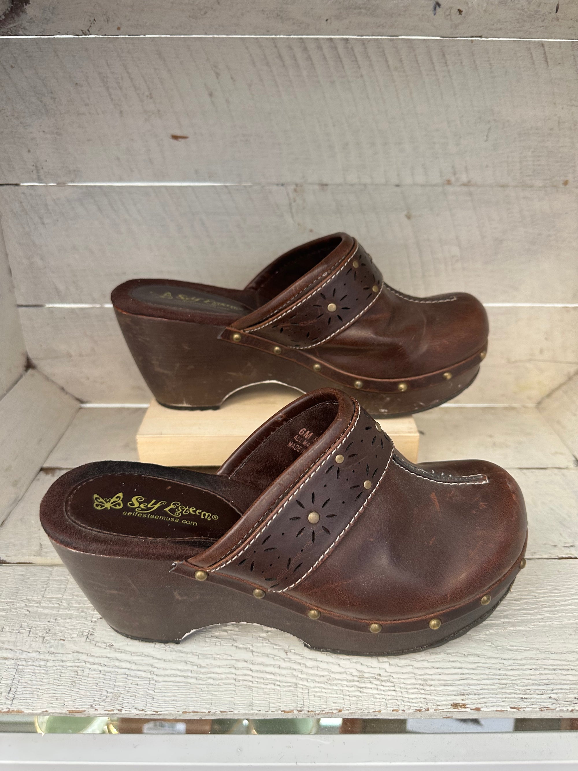 Vintage Y2K Studded Brown Leather + Wood Clogs | Size Women’s 6