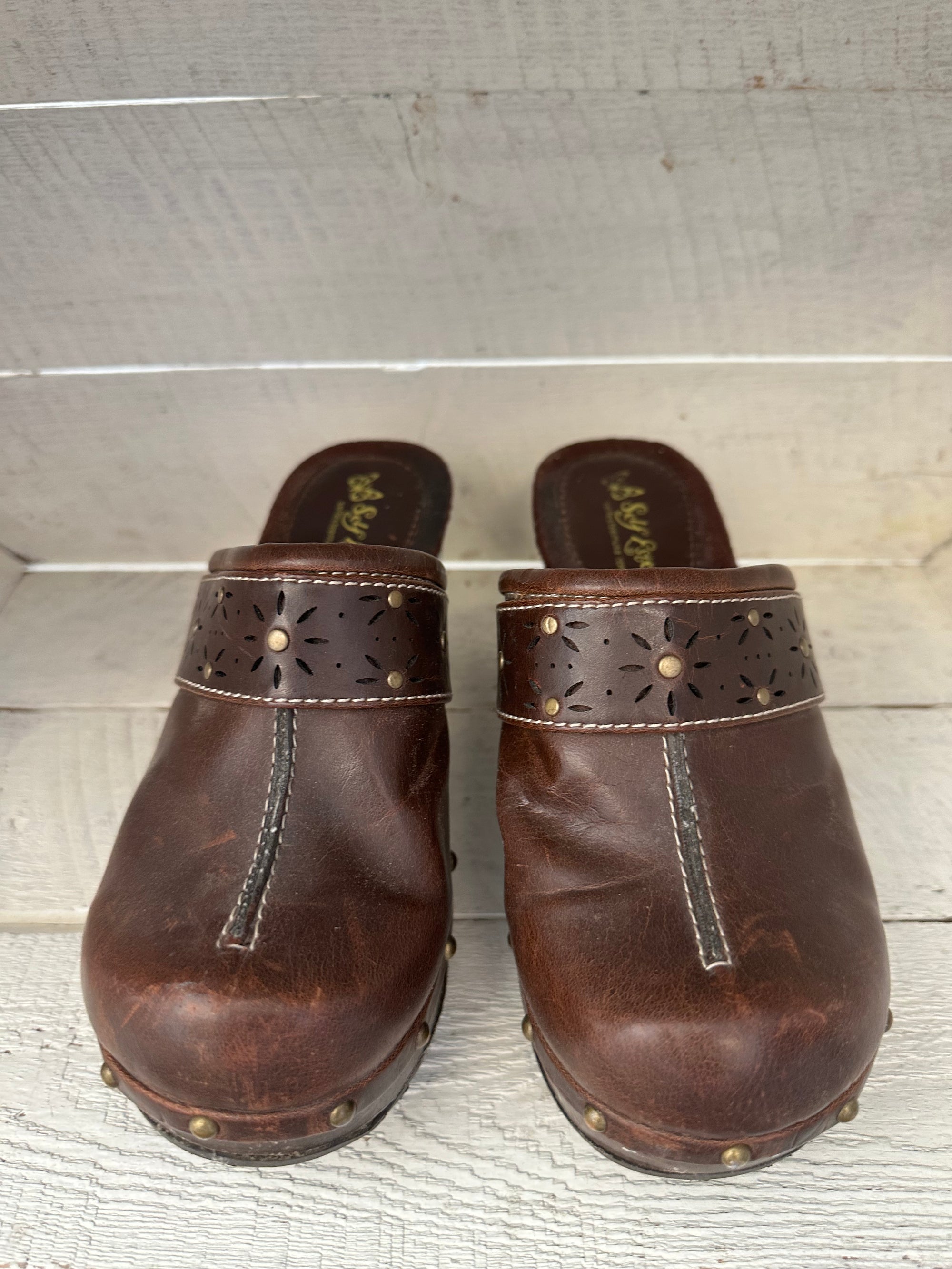 Vintage Y2K Studded Brown Leather + Wood Clogs | Size Women’s 6