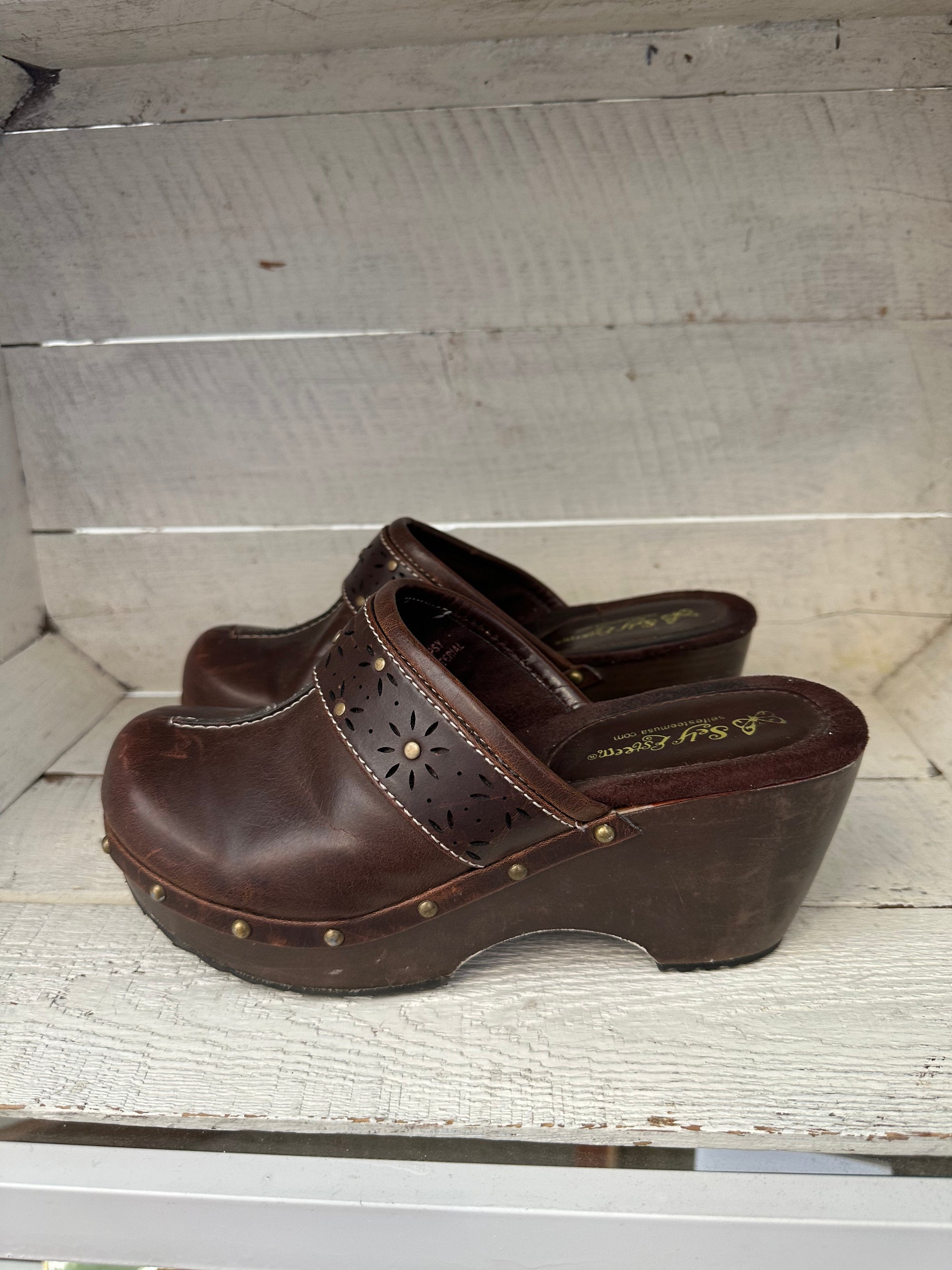 Vintage Y2K Studded Brown Leather + Wood Clogs | Size Women’s 6