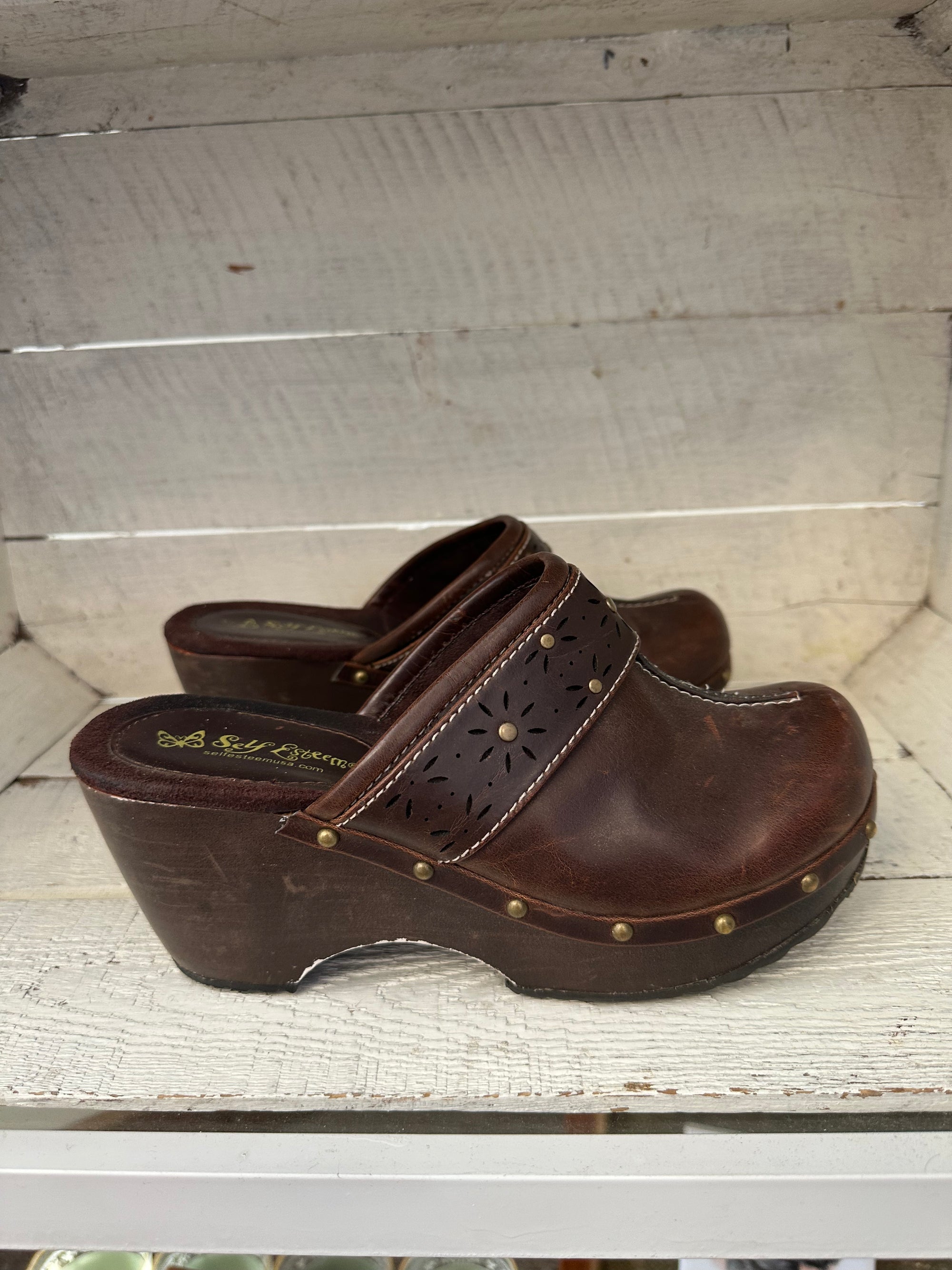 Vintage Y2K Studded Brown Leather + Wood Clogs | Size Women’s 6