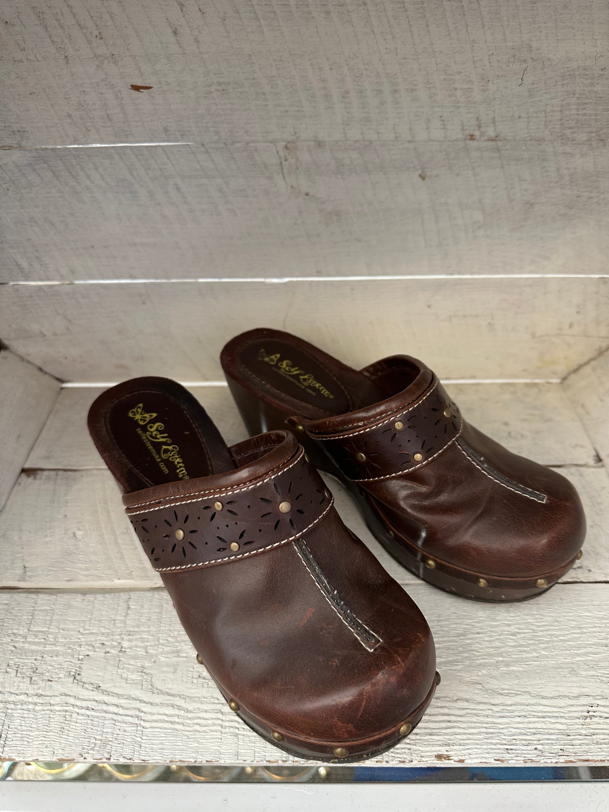 Vintage Y2K Studded Brown Leather + Wood Clogs | Size Women’s 6