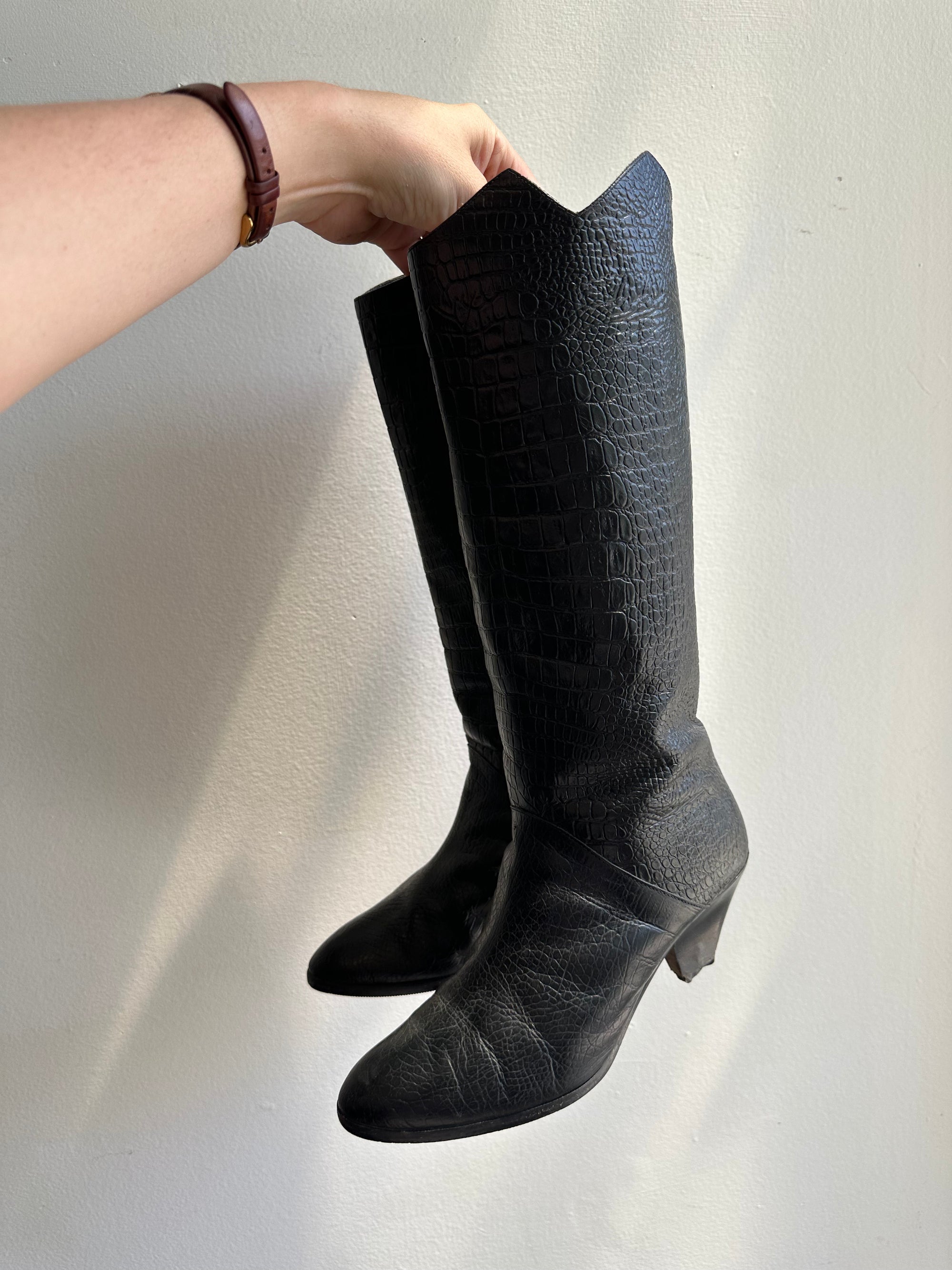 Vintage Black Leather Tall High Heeled Boots | Women’s Size 8