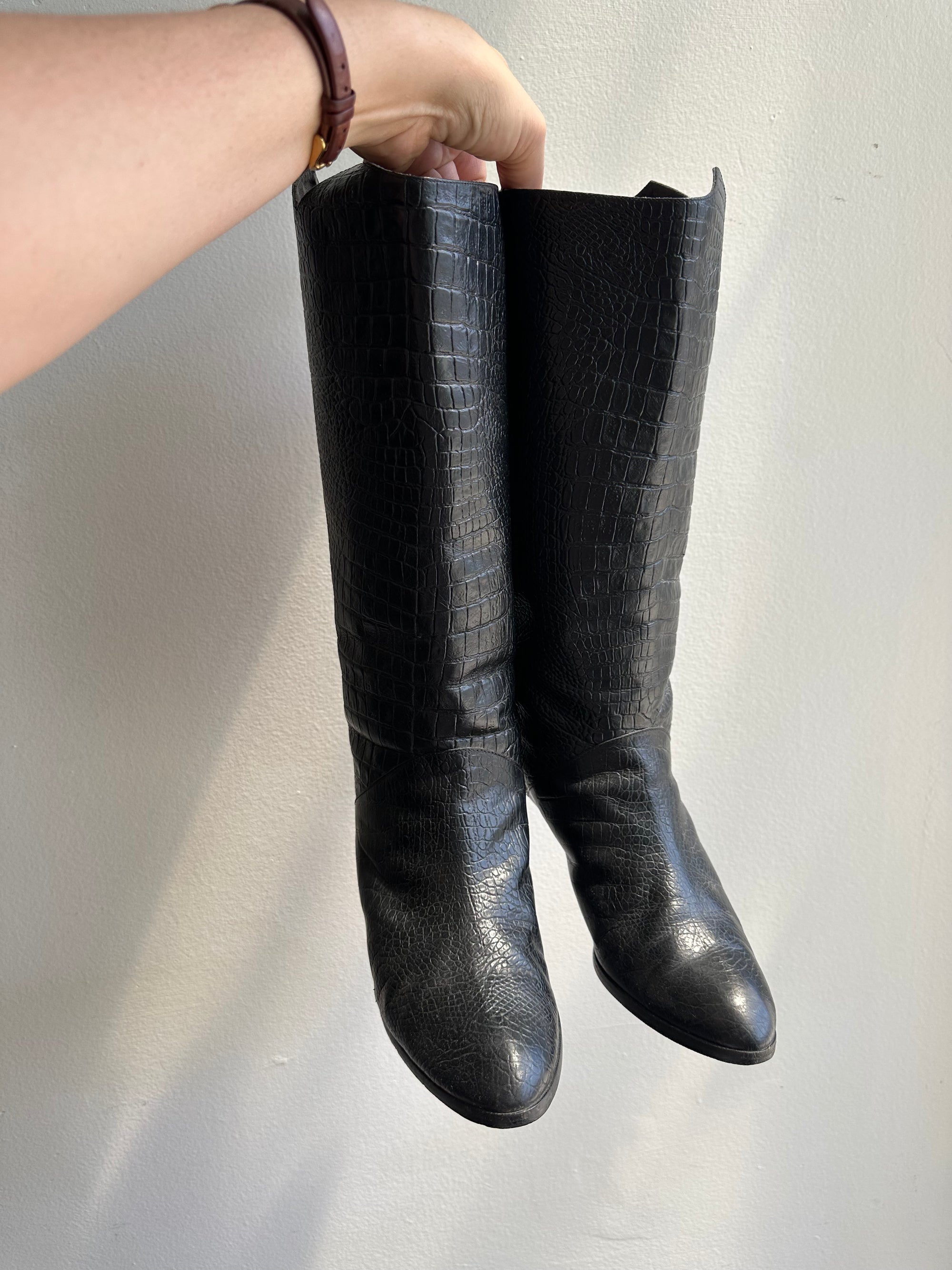 Vintage Black Leather Tall High Heeled Boots | Women’s Size 8