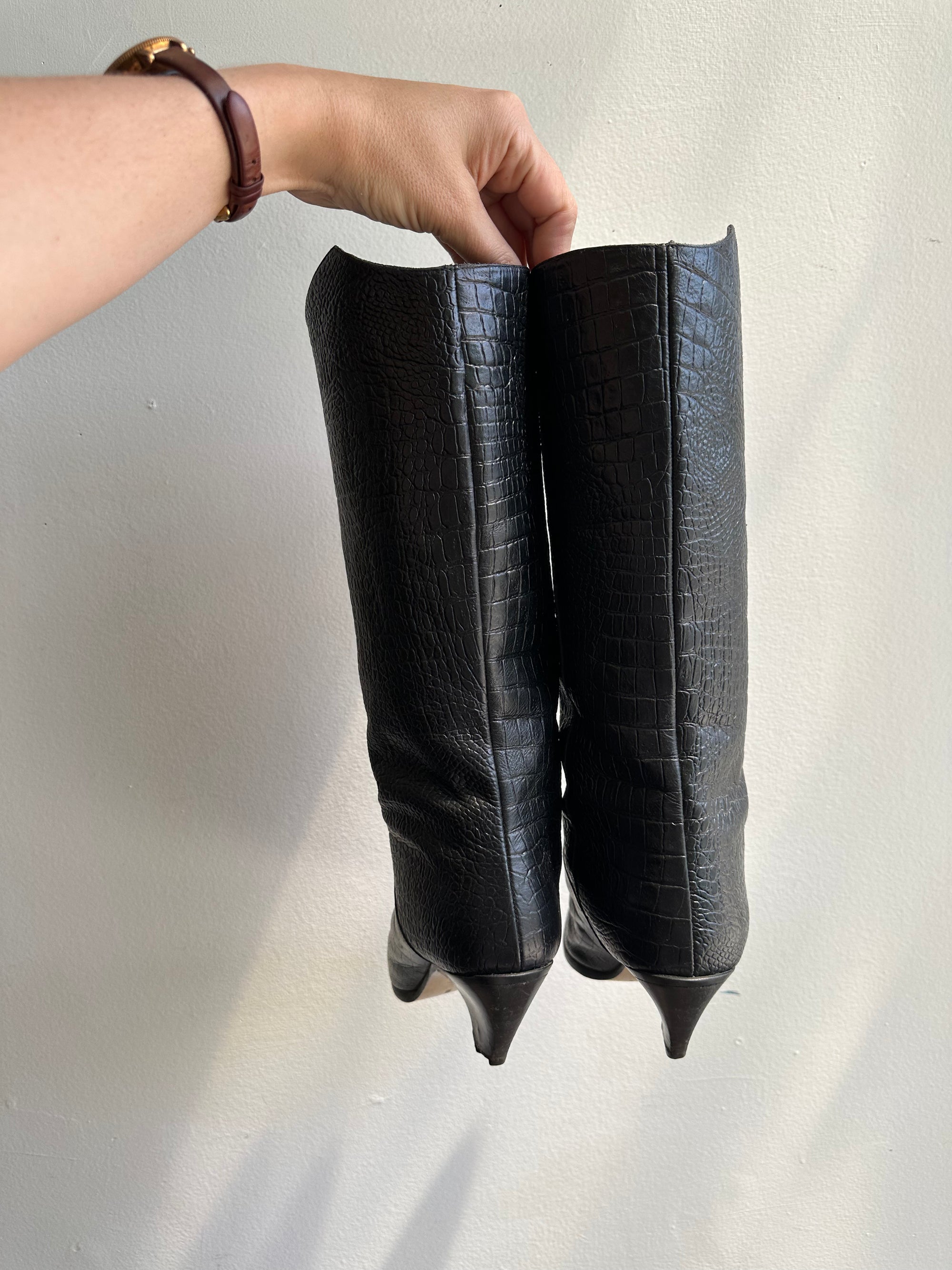 Vintage Black Leather Tall High Heeled Boots | Women’s Size 8