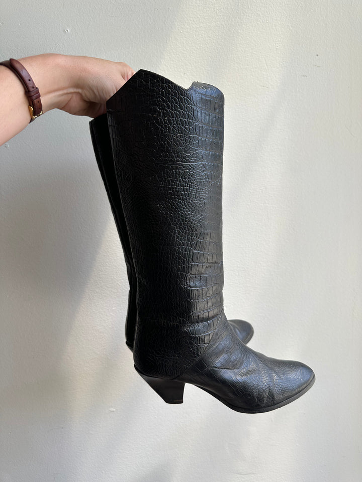 Vintage Black Leather Tall High Heeled Boots | Women’s Size 8