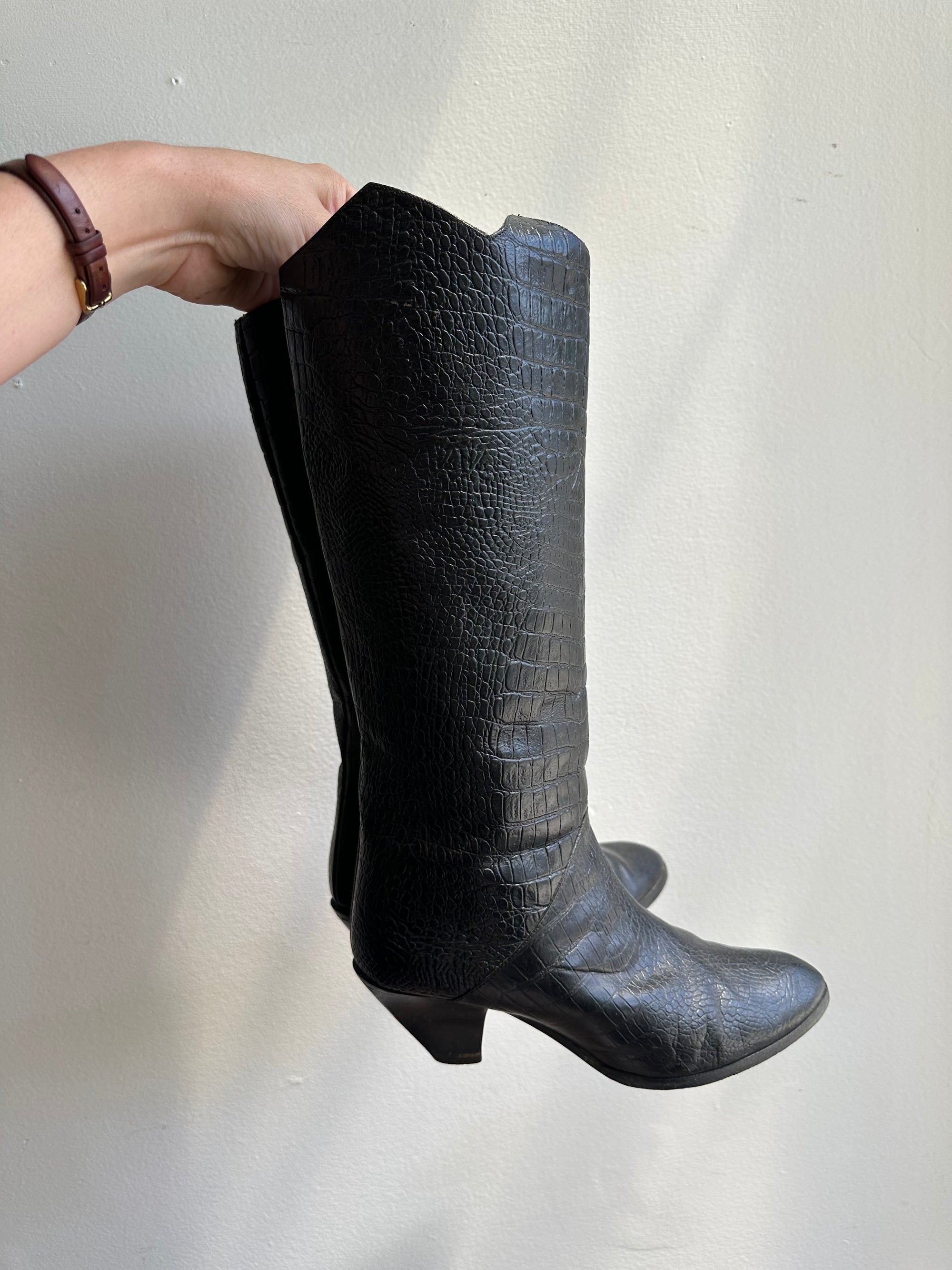 Vintage Black Leather Tall High Heeled Boots | Women’s Size 8