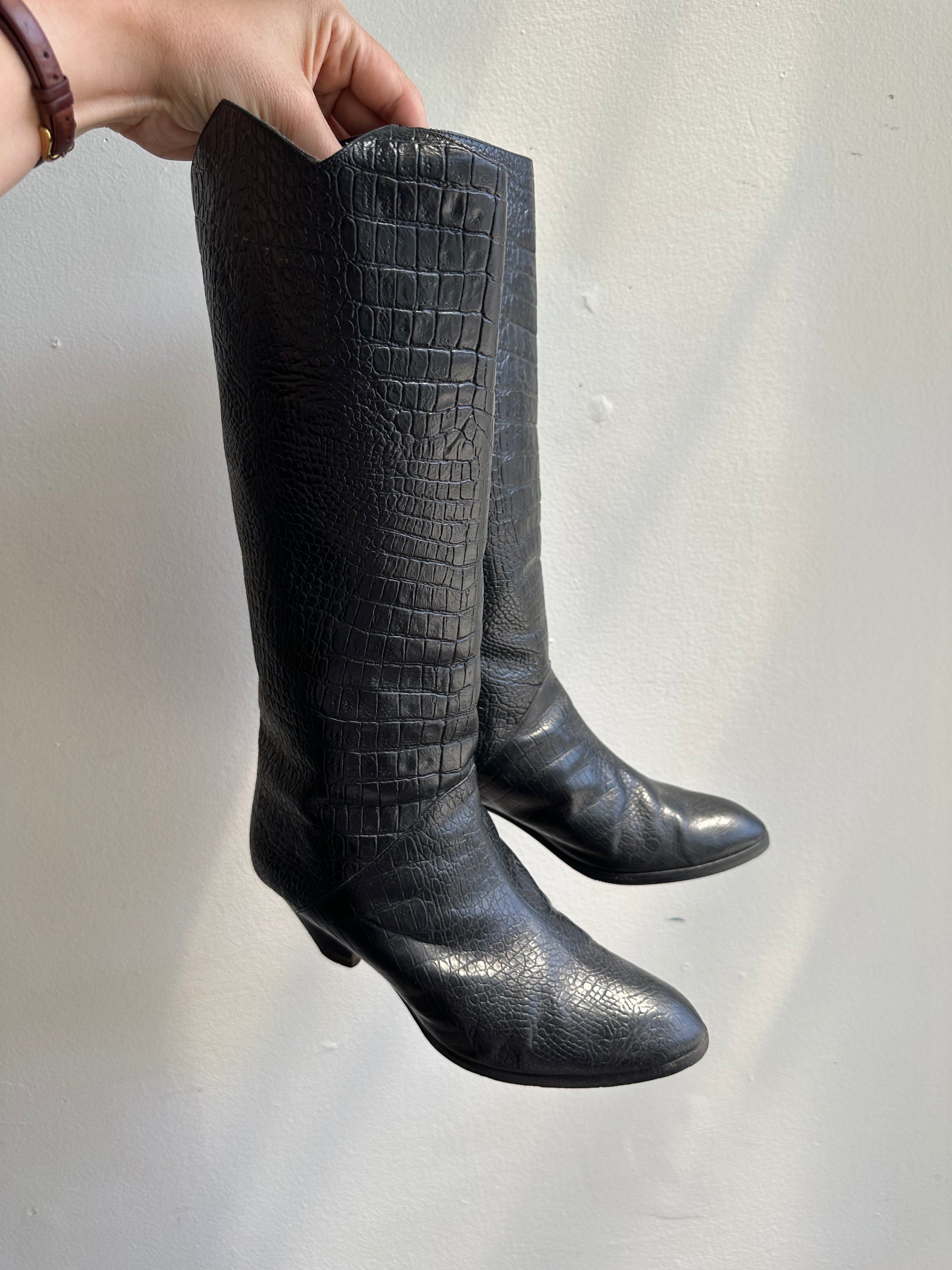 Vintage Black Leather Tall High Heeled Boots | Women’s Size 8