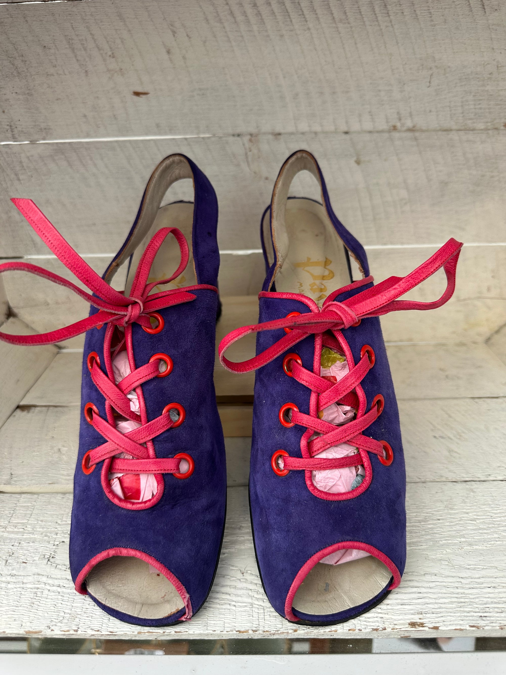 Vintage 1960s Pavel Lace Up Pink Leather and Suede Block Heel Sandals | Made in Spain | Women’s Size 8