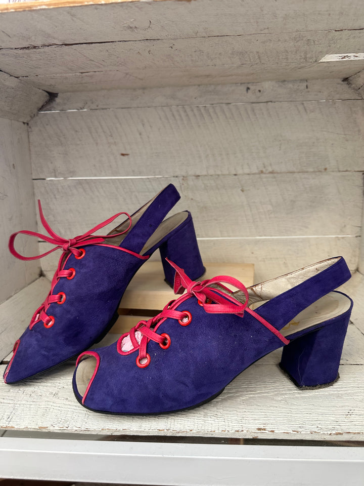 Vintage 1960s Pavel Lace Up Pink Leather and Suede Block Heel Sandals | Made in Spain | Women’s Size 8