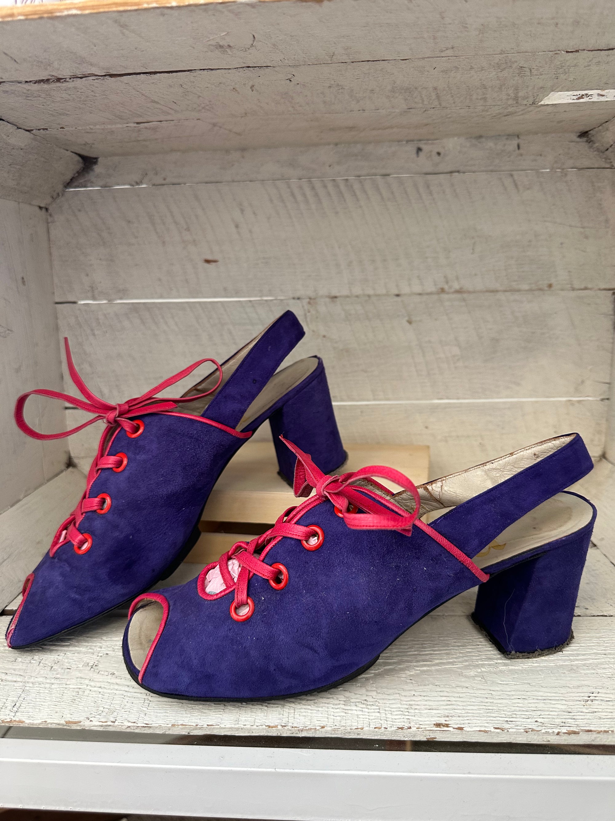 Vintage 1960s Pavel Lace Up Pink Leather and Suede Block Heel Sandals | Made in Spain | Women’s Size 8