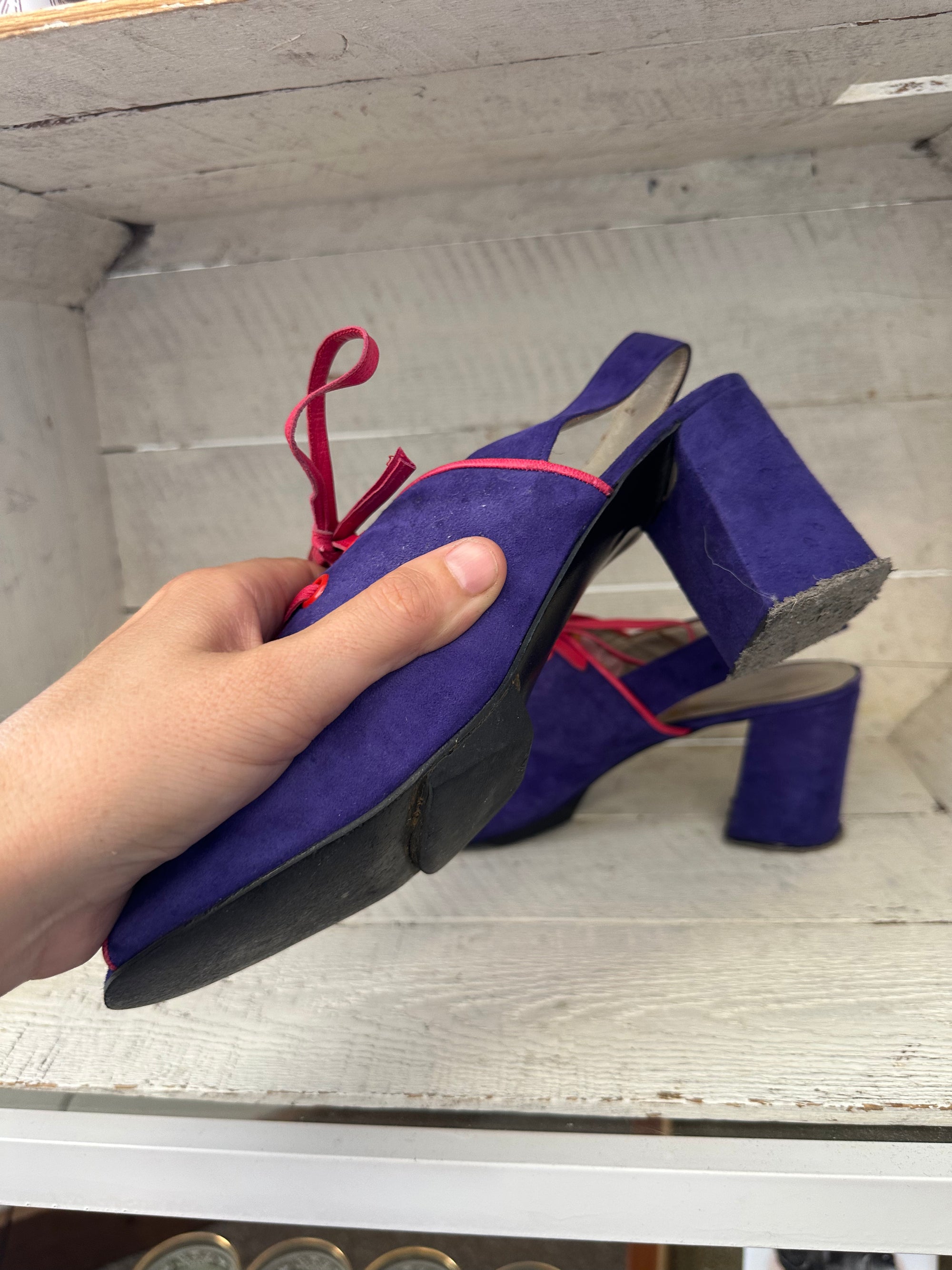 Vintage 1960s Pavel Lace Up Pink Leather and Suede Block Heel Sandals | Made in Spain | Women’s Size 8